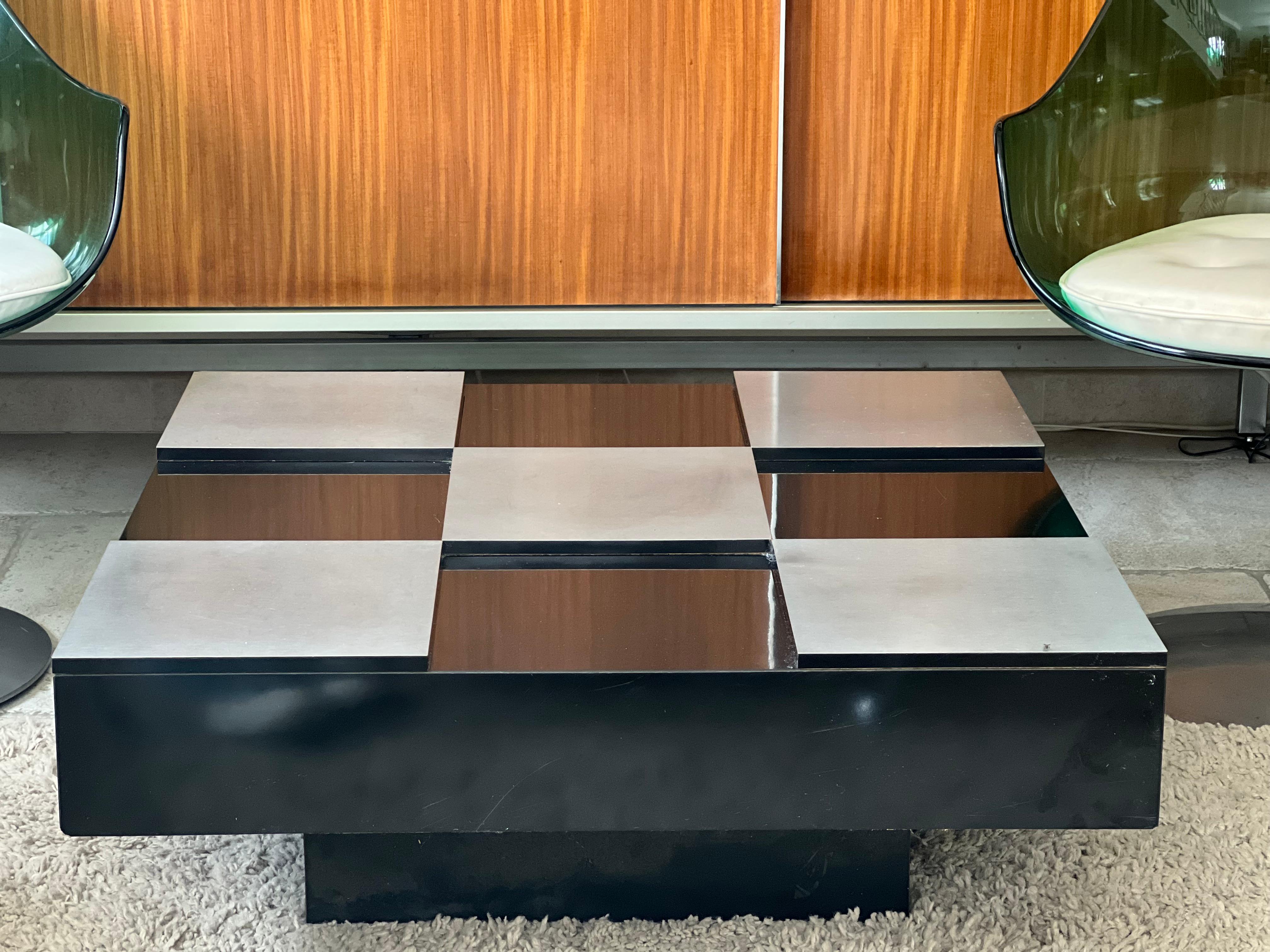 Space Age Italian Design, Black Lacquer and Brushed Steel Coffee Table Willy Rizzo 1970 For Sale