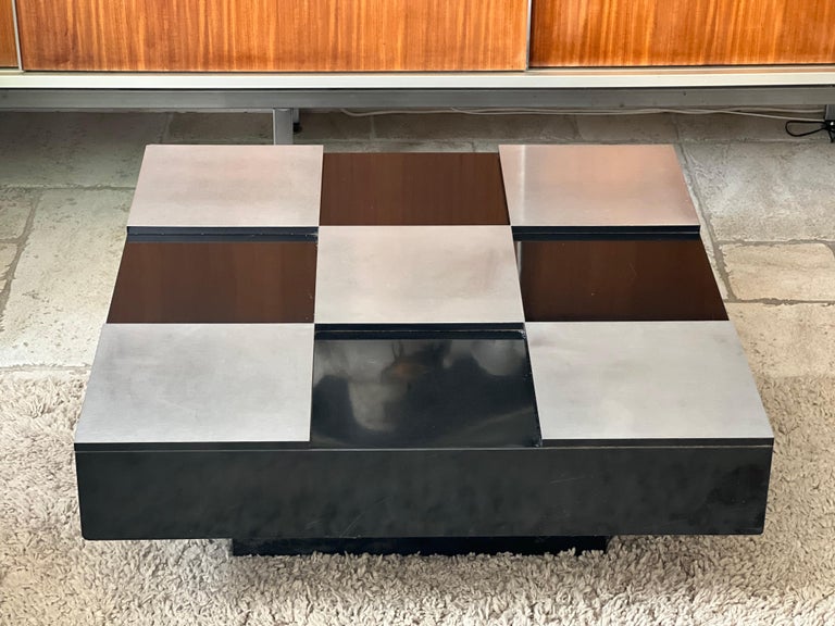 Italian Design, Black Lacquer and Brushed Steel Coffee Table Willy Rizzo 1970 In Good Condition For Sale In Saint Rémy de Provence, FR