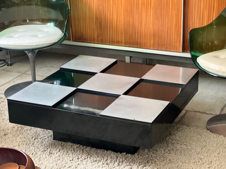 Italian Design, Black Lacquer and Brushed Steel Coffee Table Willy Rizzo 1970 For Sale 1