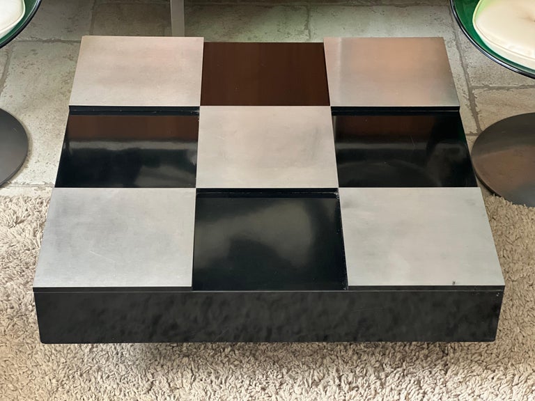 Italian Design, Black Lacquer and Brushed Steel Coffee Table Willy Rizzo 1970 For Sale 2