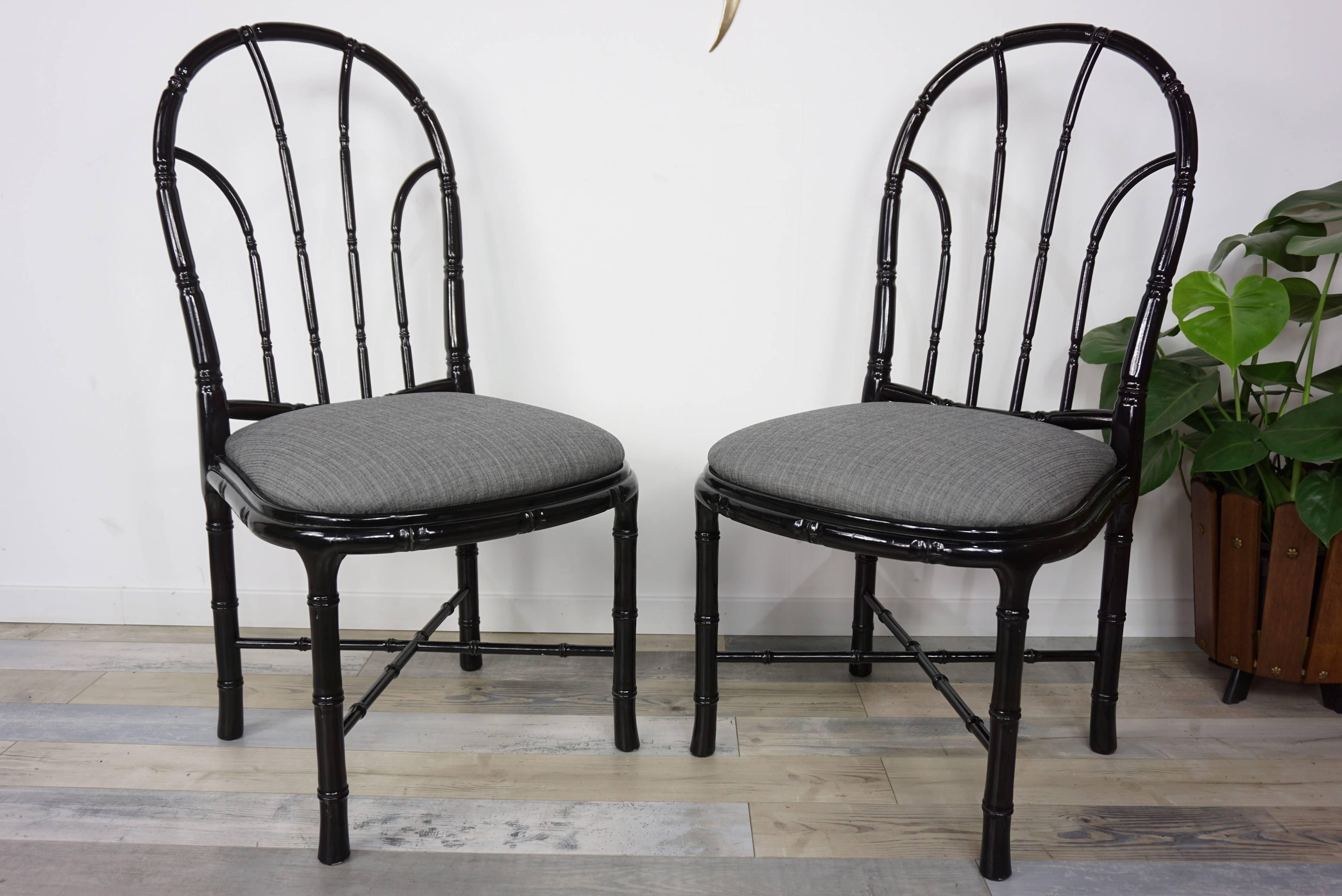 Italian Design Black Lacquered Wooden Bamboo Effect Set of Four Chairs For Sale 8