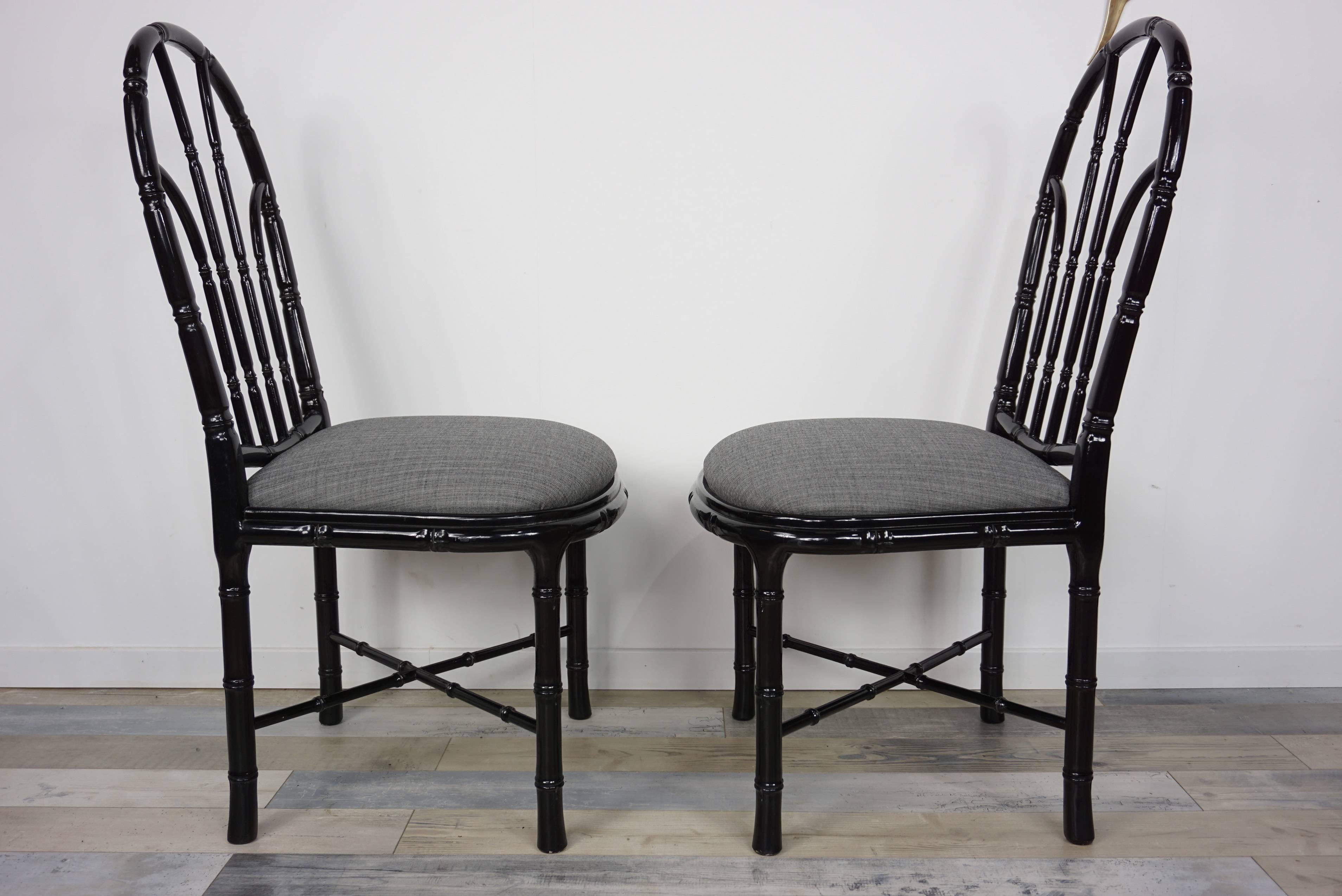 Italian Design Black Lacquered Wooden Bamboo Effect Set of Four Chairs For Sale 9