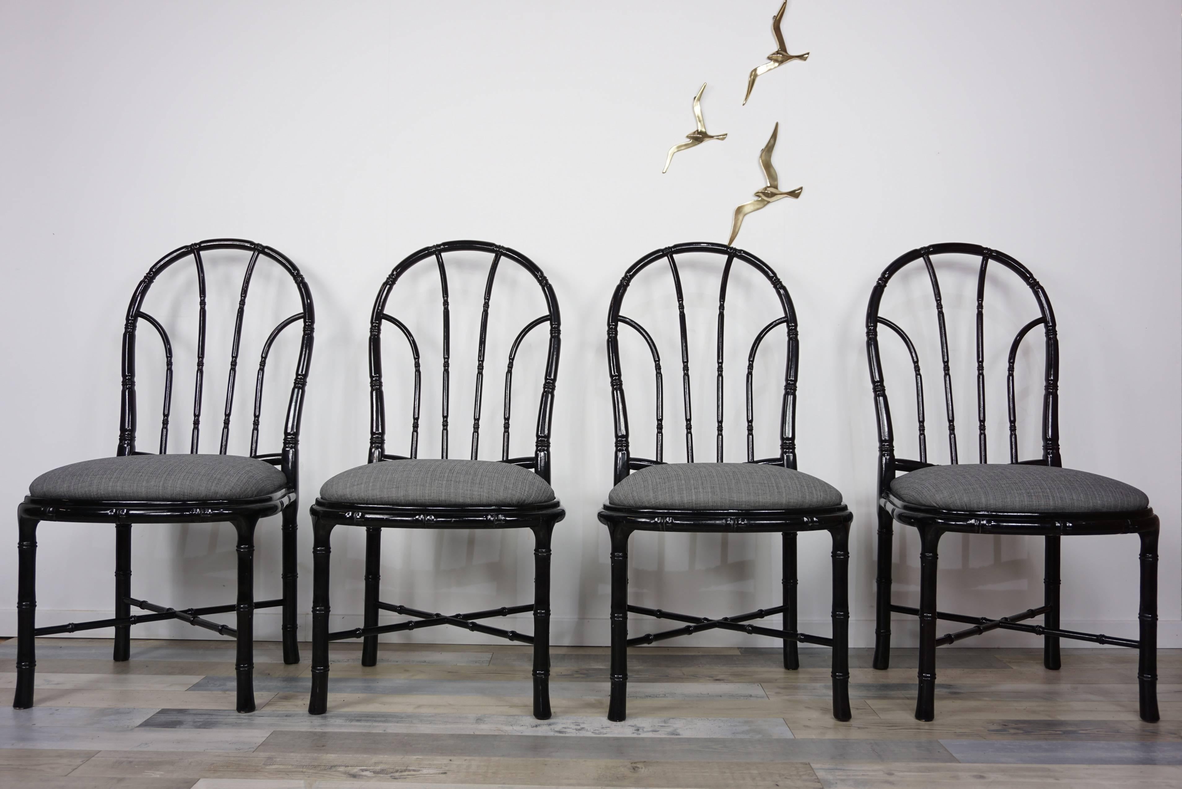 Hollywood Regency Italian Design Black Lacquered Wooden Bamboo Effect Set of Four Chairs For Sale