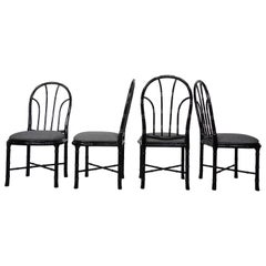 Retro Italian Design Black Lacquered Wooden Bamboo Effect Set of Four Chairs