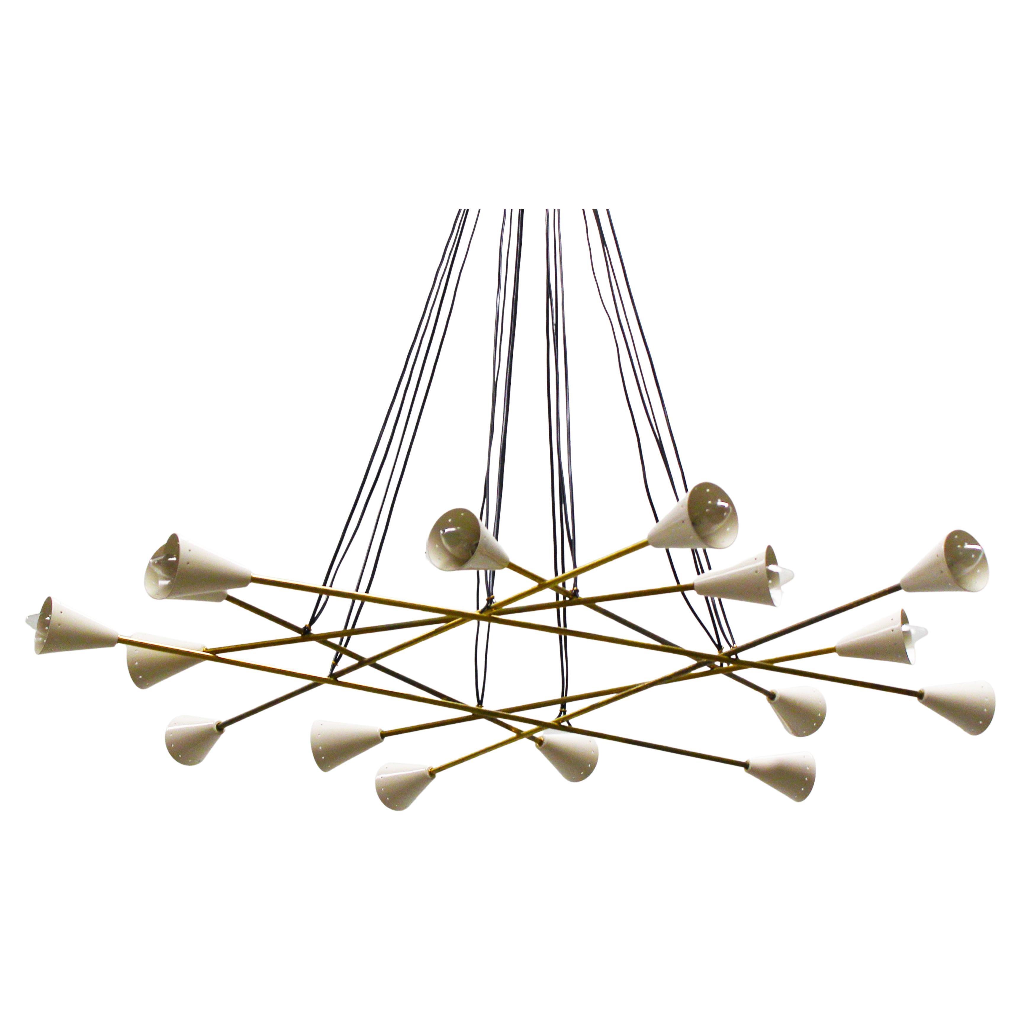 Italian Design Chandelier White Brass from Stilnovo 1960 MidCentury