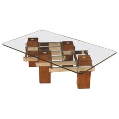 Italian Design Coffee Table in Wood, Chromed Metal and Crystal