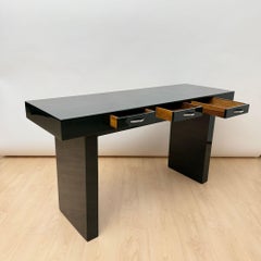 Italian Design Console, Green Lacquer, Walnut, Chrome, Italy circa 1970