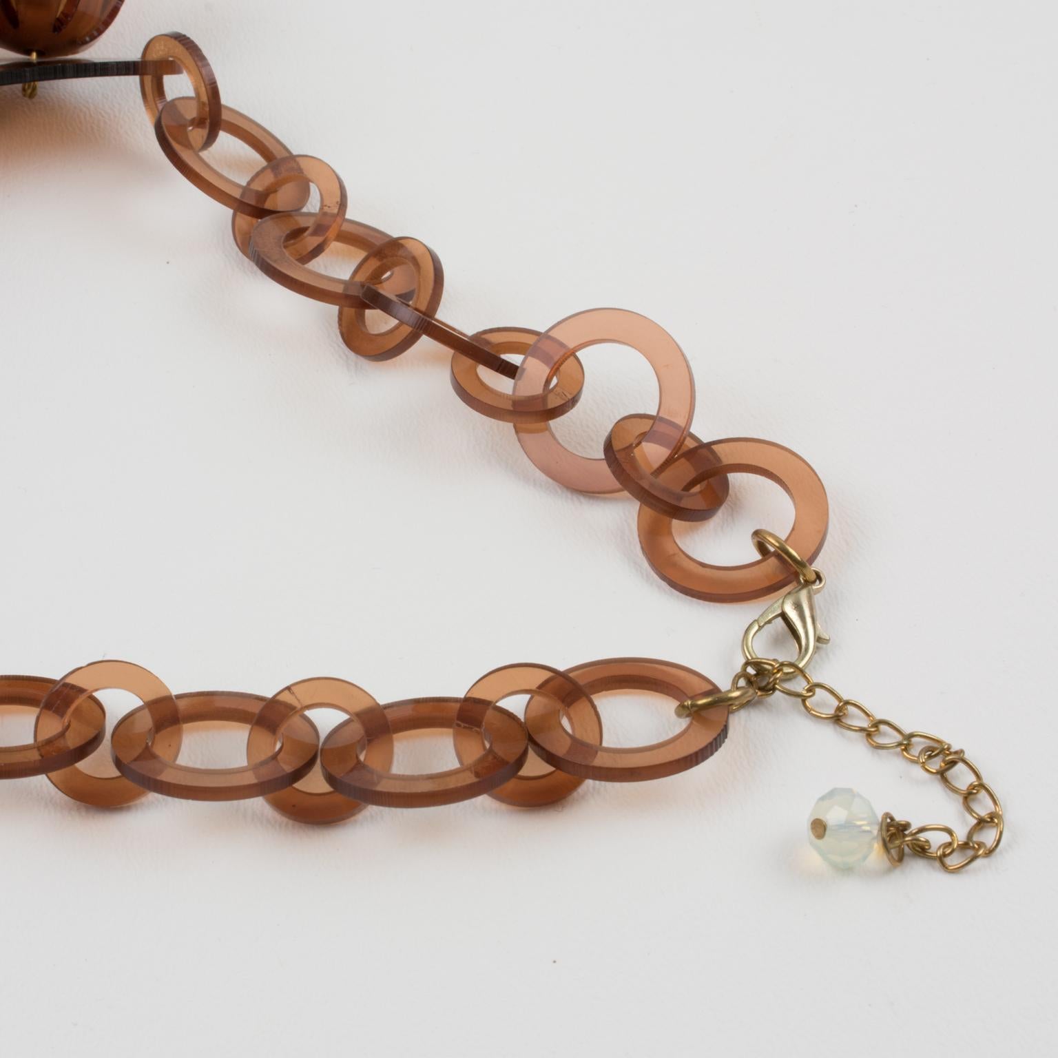 Italian Design Copper Lucite Bib Necklace Flower and Pearl For Sale 5