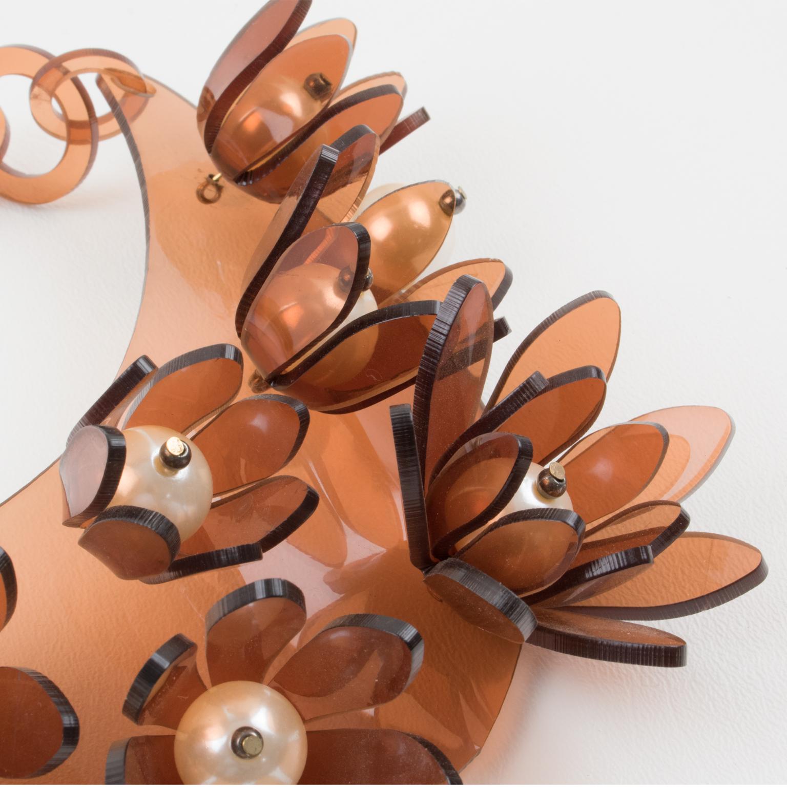 Italian Design Copper Lucite Bib Necklace Flower and Pearl For Sale 7