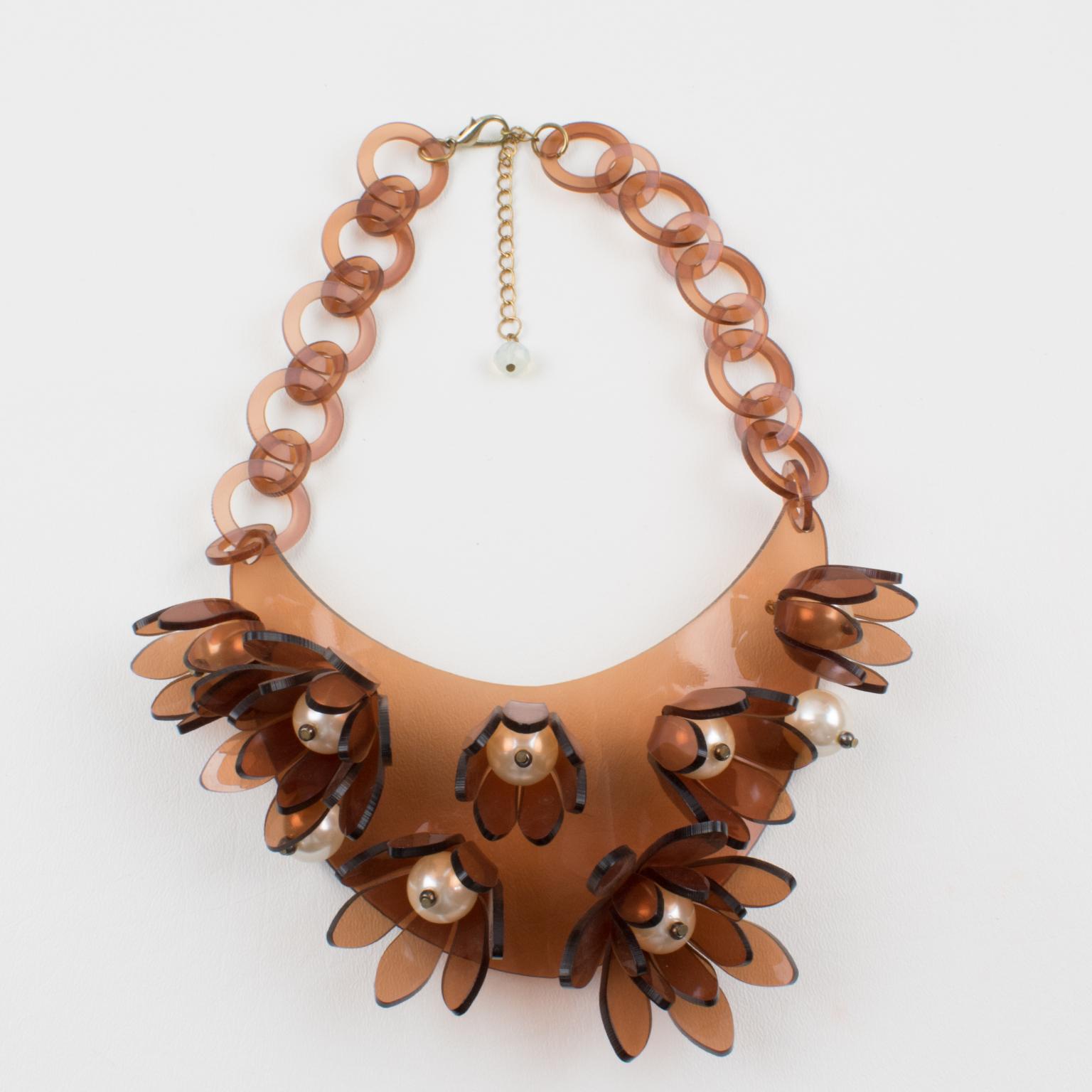Italian Design Copper Lucite Bib Necklace Flower and Pearl For Sale 8