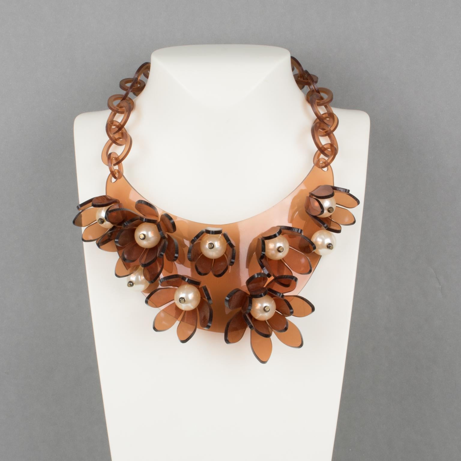 Modernist Italian Design Copper Acrylic Bib Necklace Flowers and Pearls For Sale