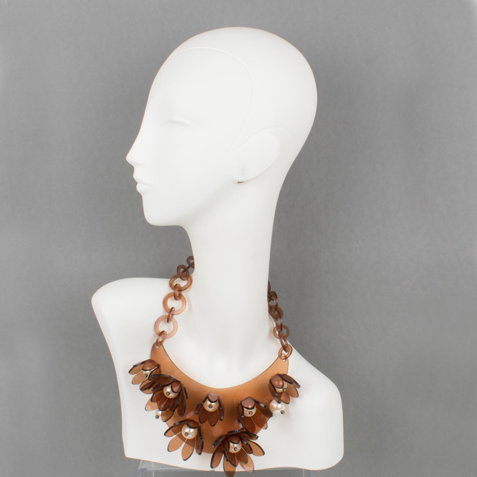 Italian Design Copper Lucite Bib Necklace Flower and Pearl In Excellent Condition For Sale In Atlanta, GA