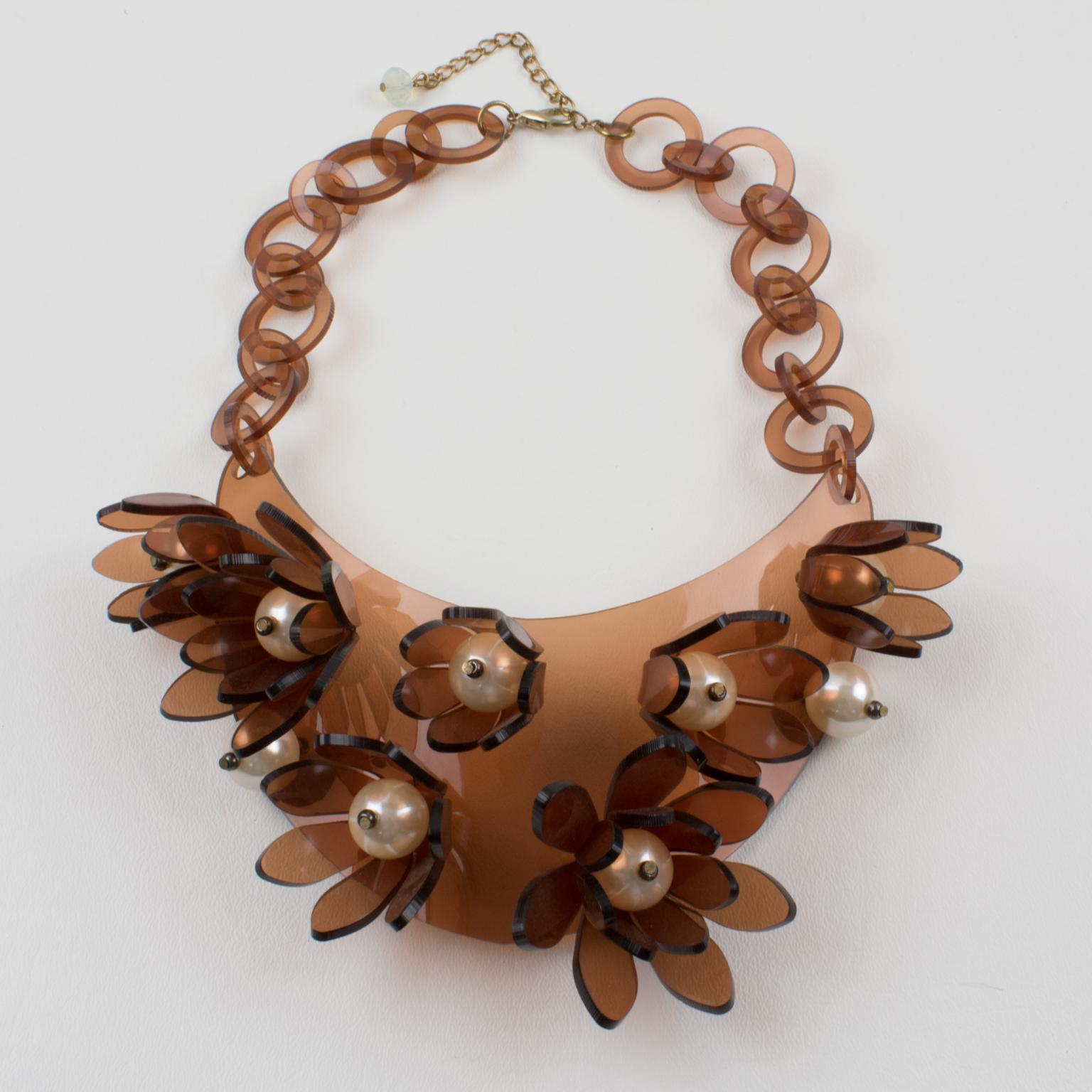 Women's or Men's Italian Design Copper Lucite Bib Necklace Flower and Pearl For Sale