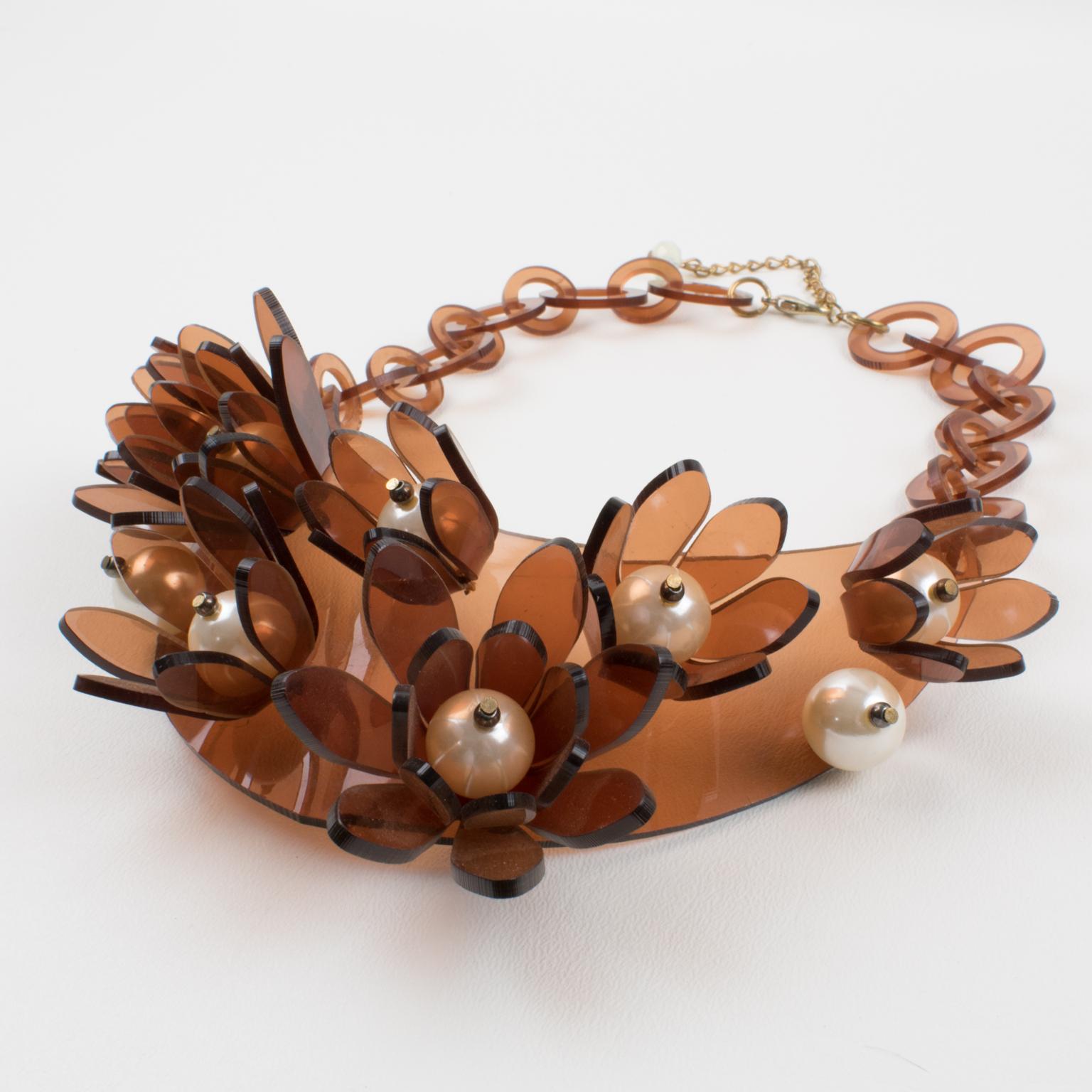Italian Design Copper Lucite Bib Necklace Flower and Pearl For Sale 1