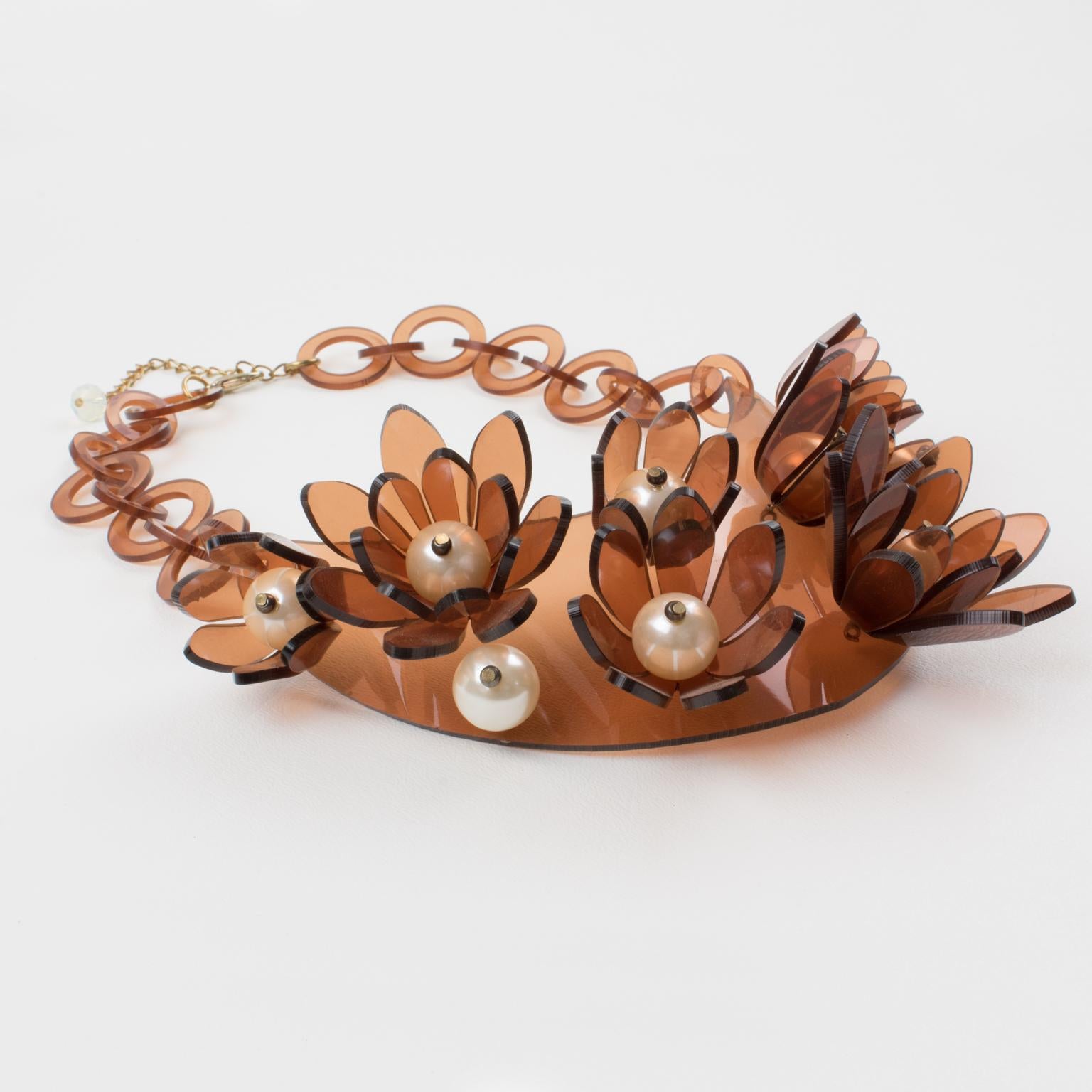 Italian Design Copper Lucite Bib Necklace Flower and Pearl For Sale 2