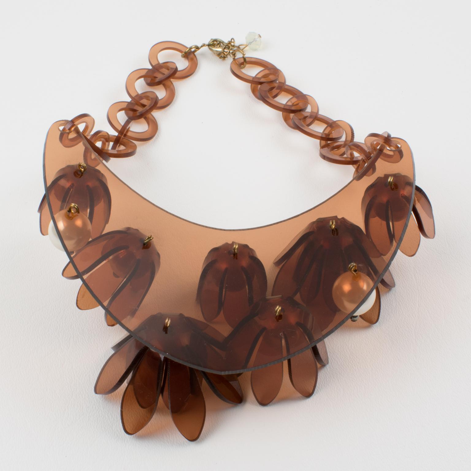 Italian Design Copper Lucite Bib Necklace Flower and Pearl For Sale 3