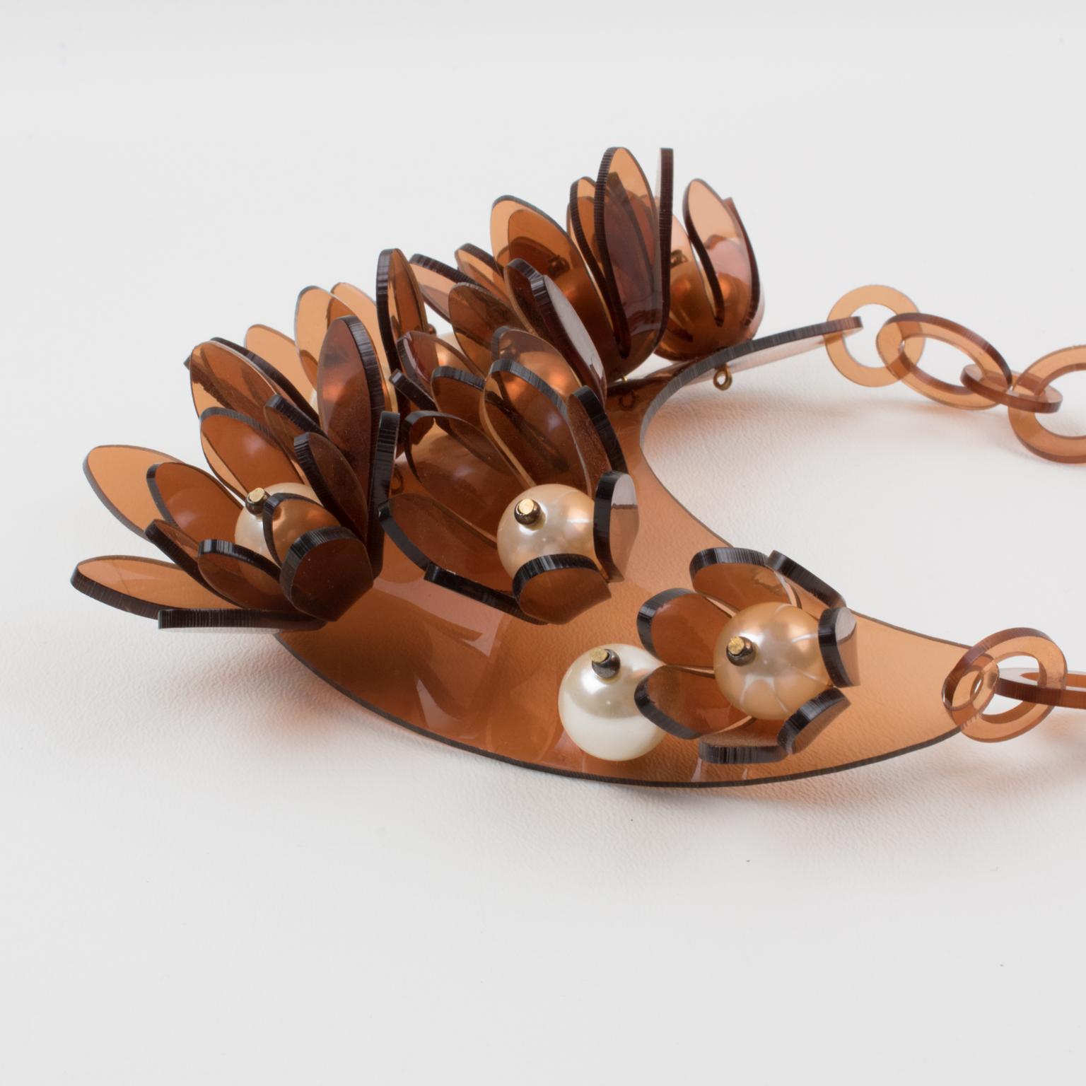 Italian Design Copper Acrylic Bib Necklace Flowers and Pearls For Sale 4