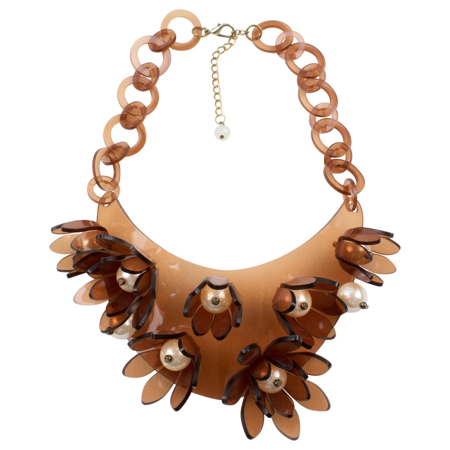 Italian Design Copper Lucite Bib Necklace Flower and Pearl For Sale