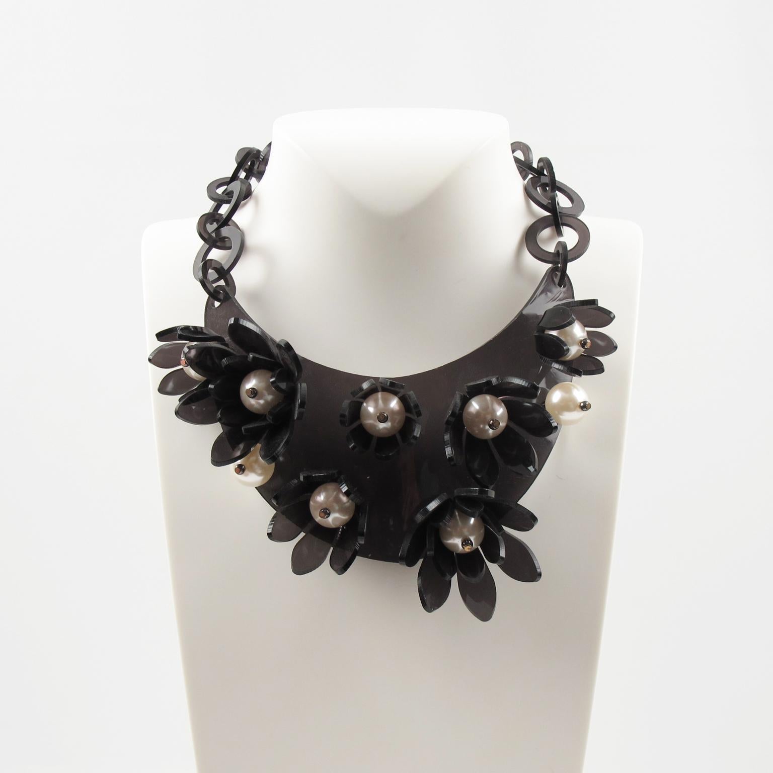 Modern Italian Design Dark Gray Lucite Bib Necklace Flower and Pearl For Sale