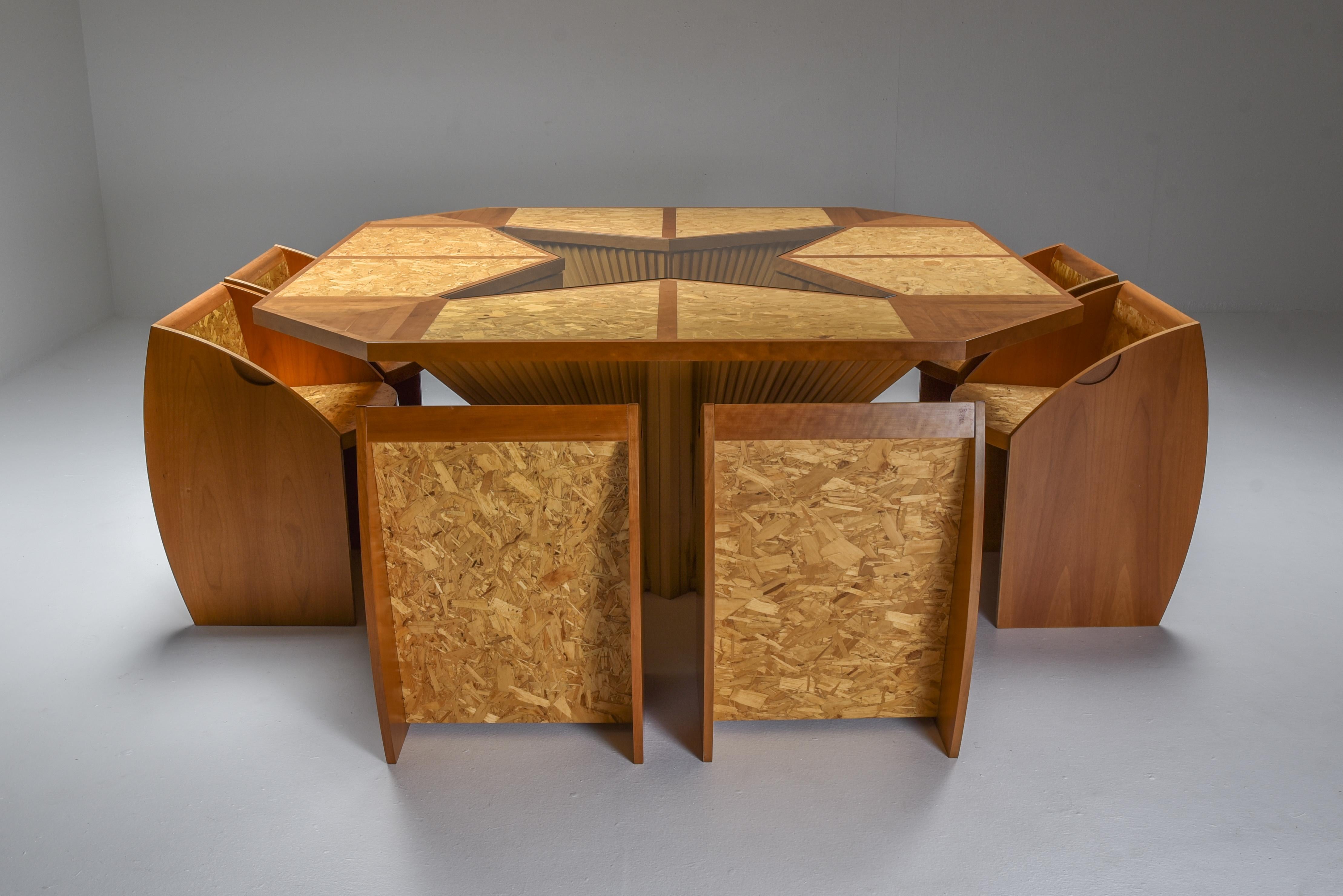 Mid-Century Modern; Hollywood Regency; Dining Room Set; Dining Area; Dining Chairs; Dining Table; Italian Design; 1970s, Vivai del Sud Inspired; Wood; Glass; Geometric Shape; 1950s;

This custom one-of-a-kind dining room set is characterised by