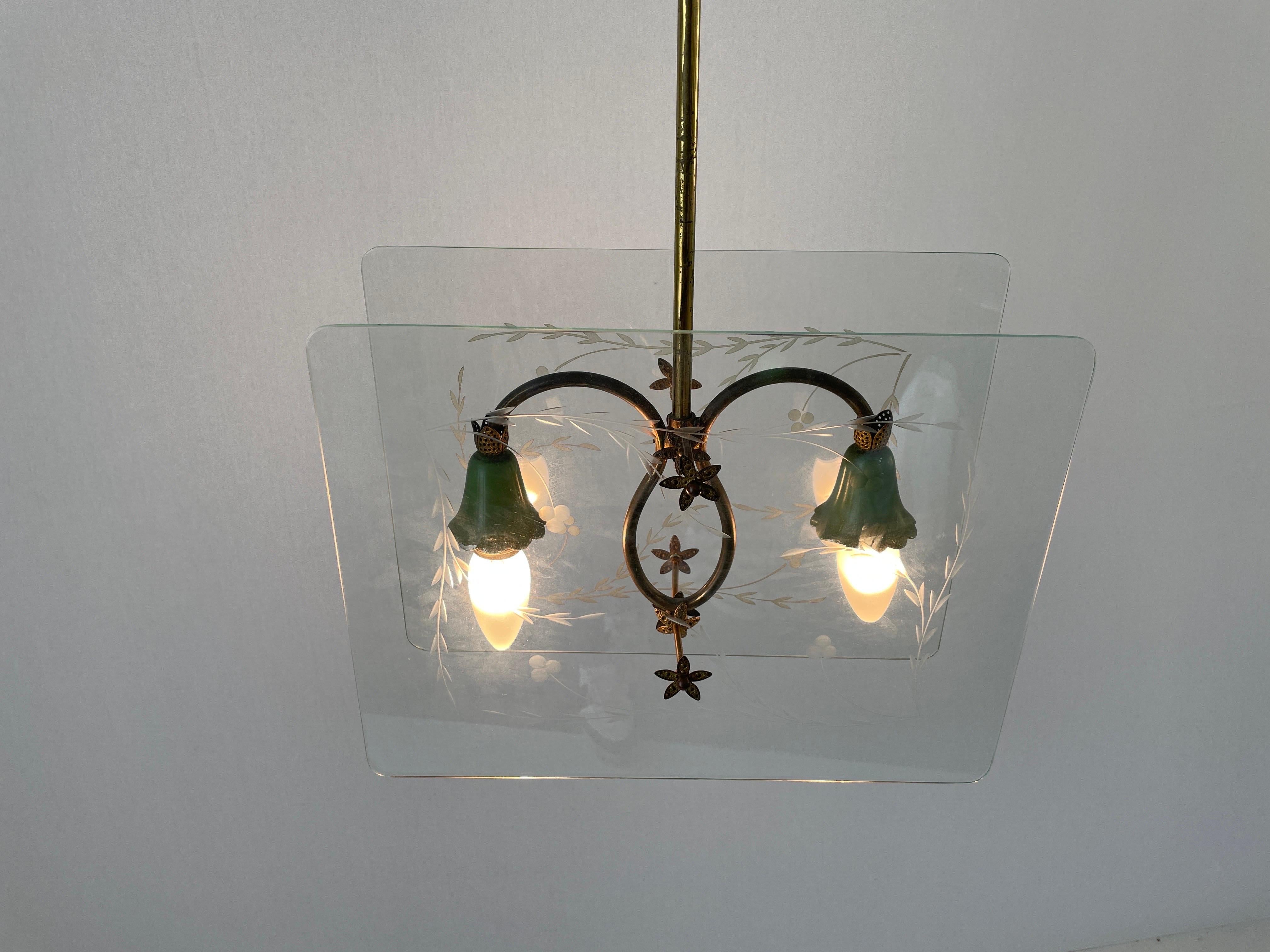 Italian Design Double Side Flower Printed Glass Ceiling Lamp, 1950s, Italy For Sale 4