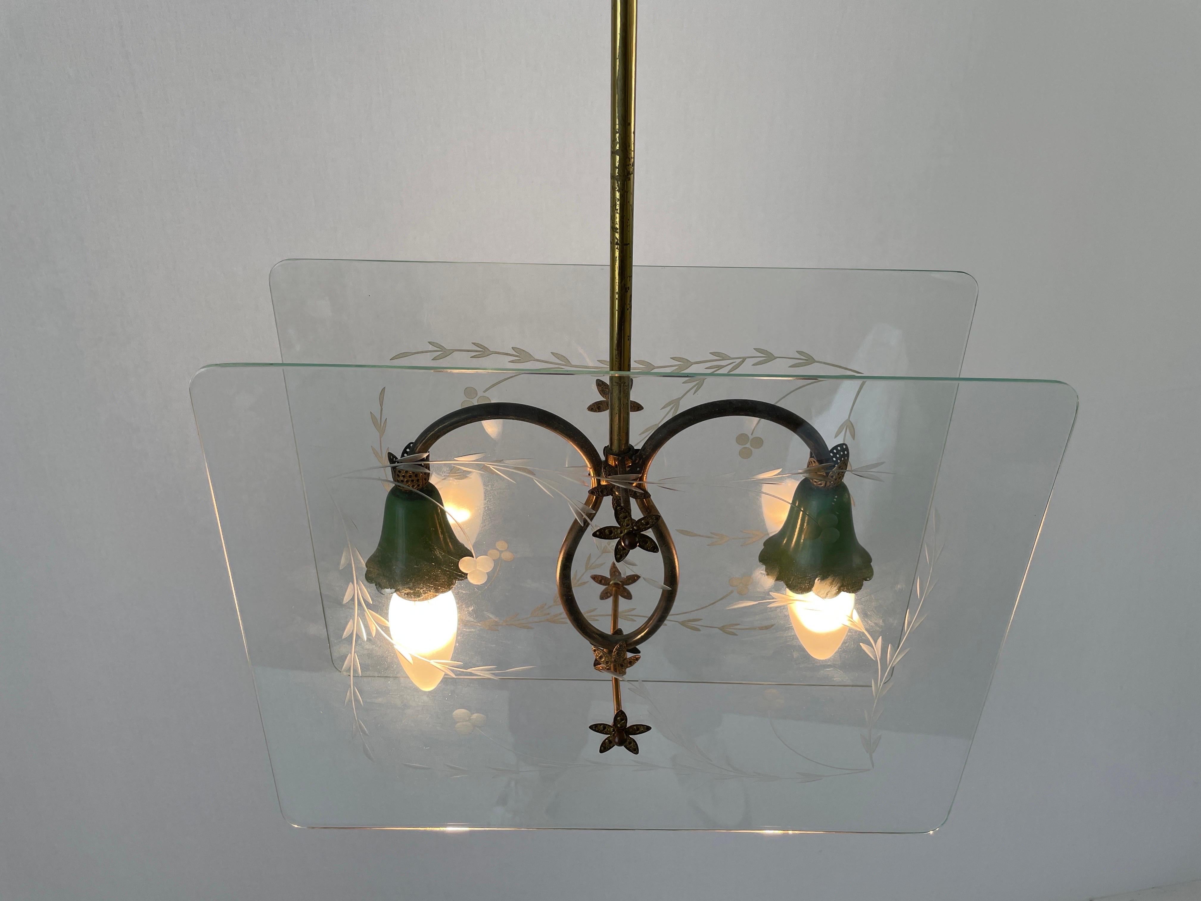 Italian Design Double Side Flower Printed Glass Ceiling Lamp, 1950s, Italy For Sale 5