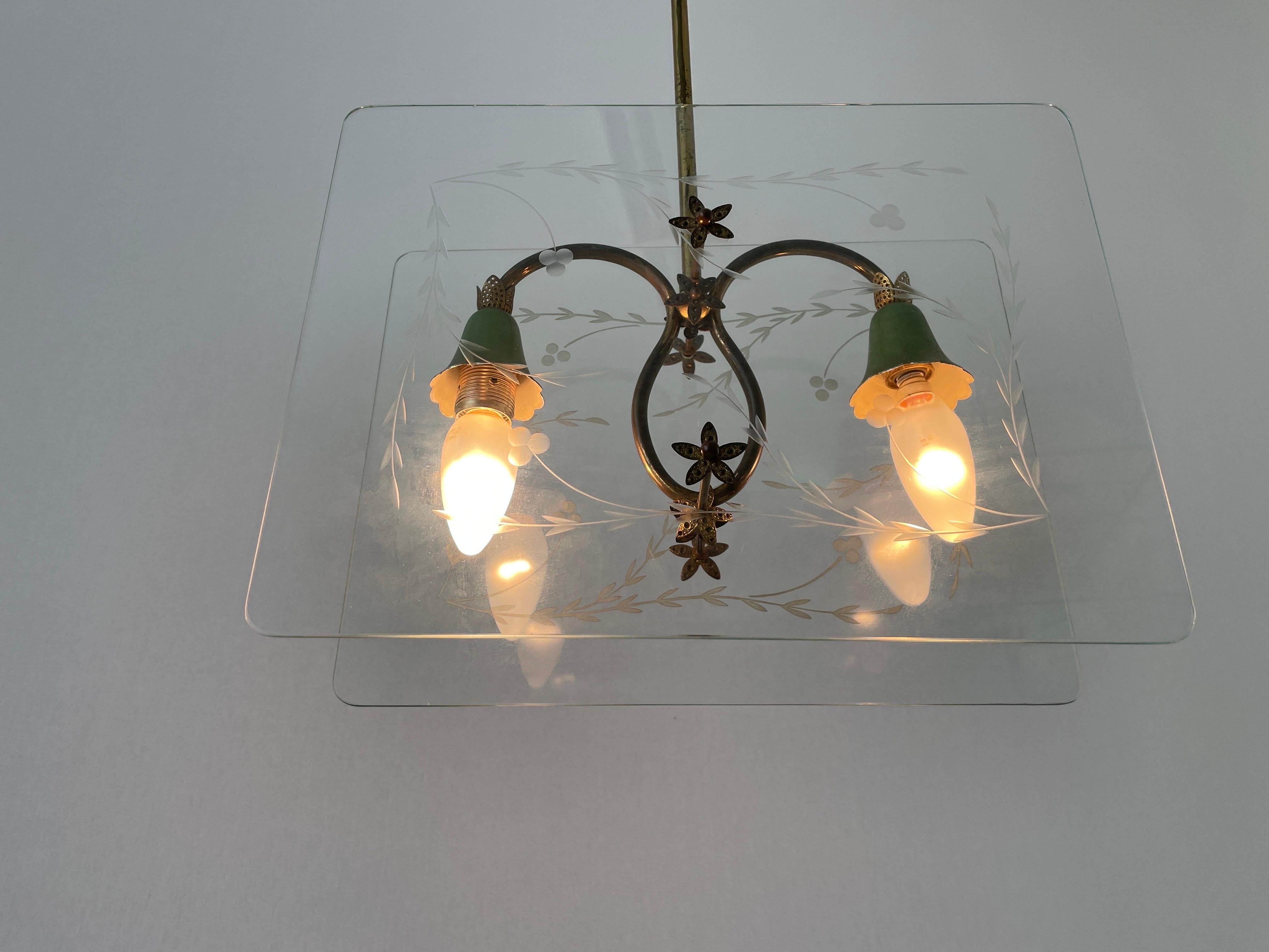 Italian Design Double Side Flower Printed Glass Ceiling Lamp, 1950s, Italy For Sale 6