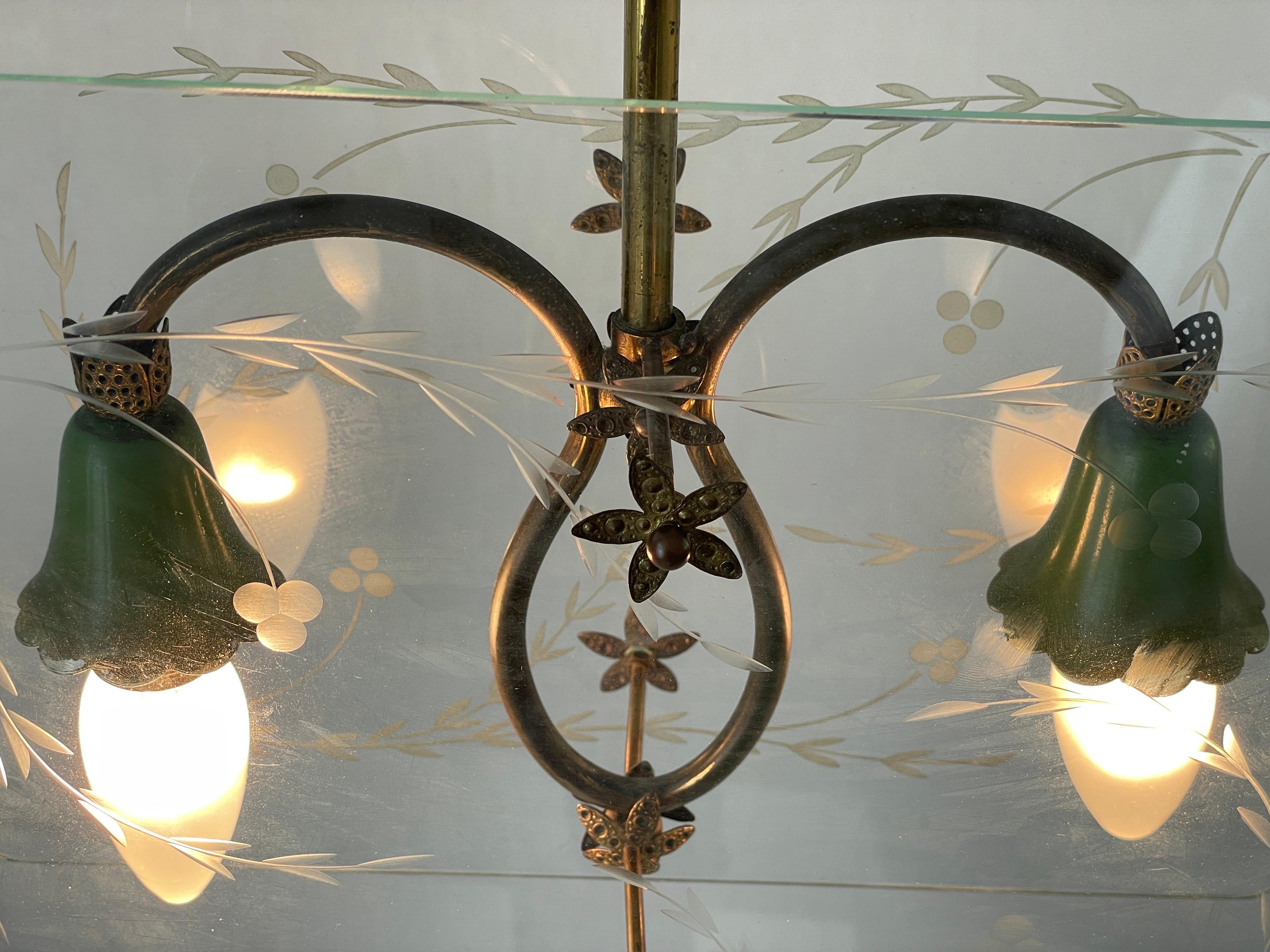 Italian Design Double Side Flower Printed Glass Ceiling Lamp, 1950s, Italy For Sale 10