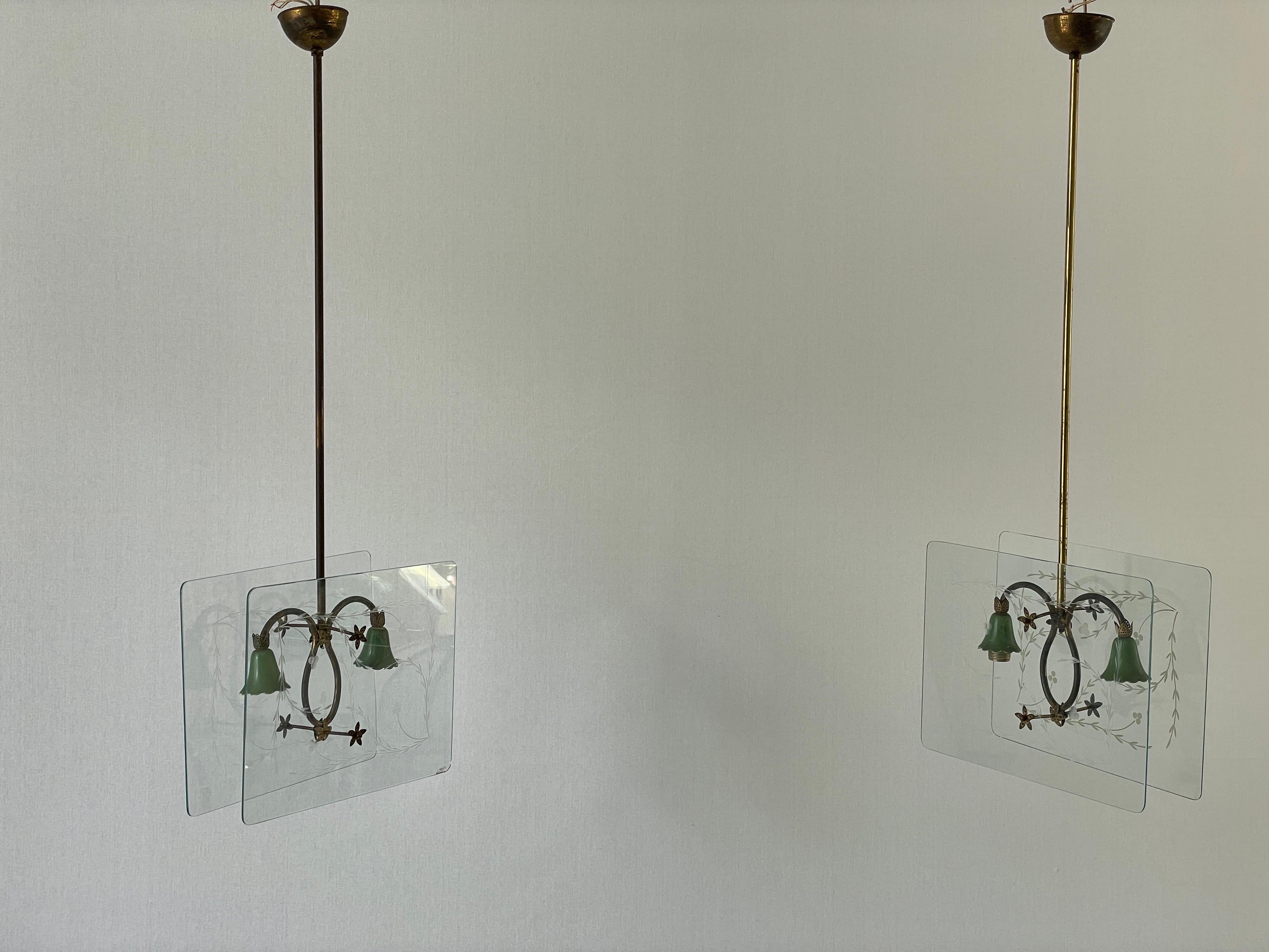 Italian Design Double Side Flower Printed Glass Ceiling Lamp, 1950s, Italy For Sale 11