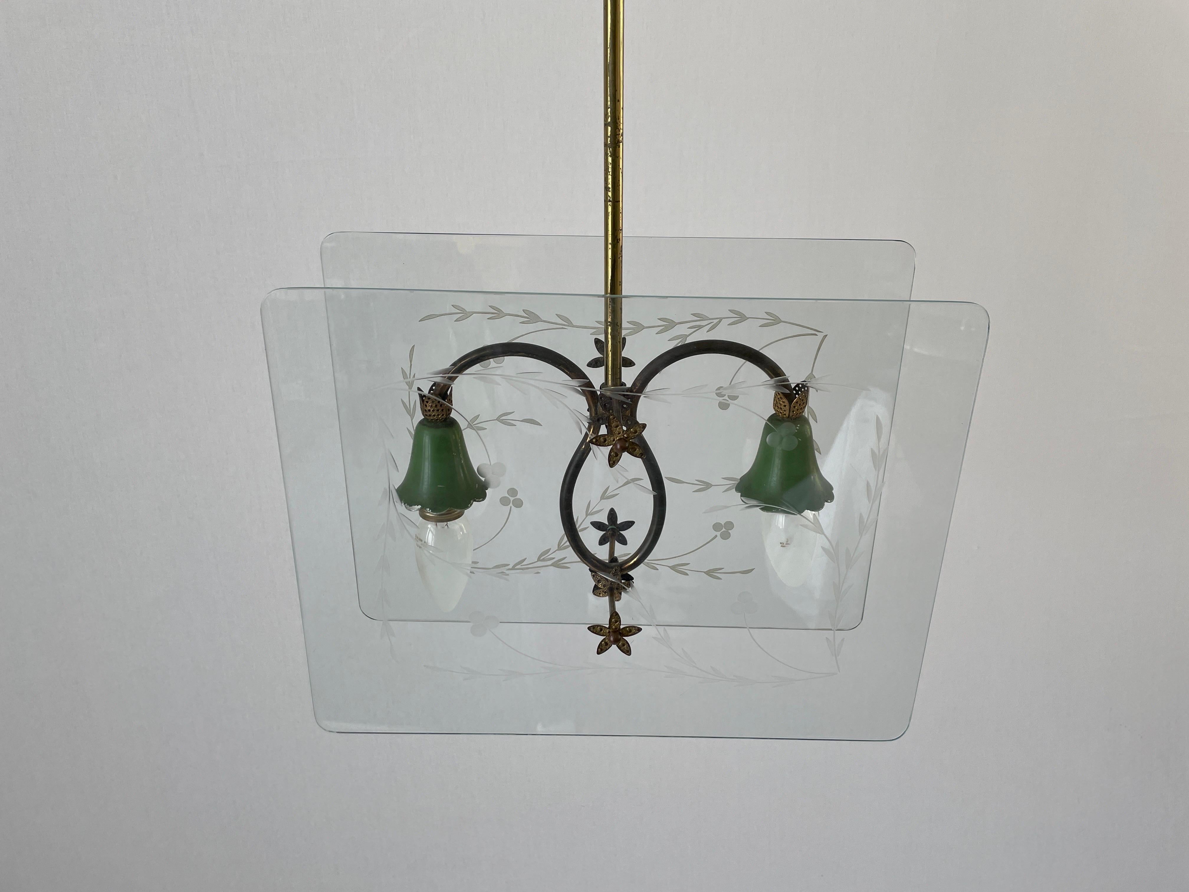Italian Design Double Side Flower Printed Glass Ceiling Lamp, 1950s, Italy

Lampshade is in good condition and very clean. 
This lamp works with 2x E14 light bulb
Wired and suitable to use with 220V and 110V for all countries.

Measurements: