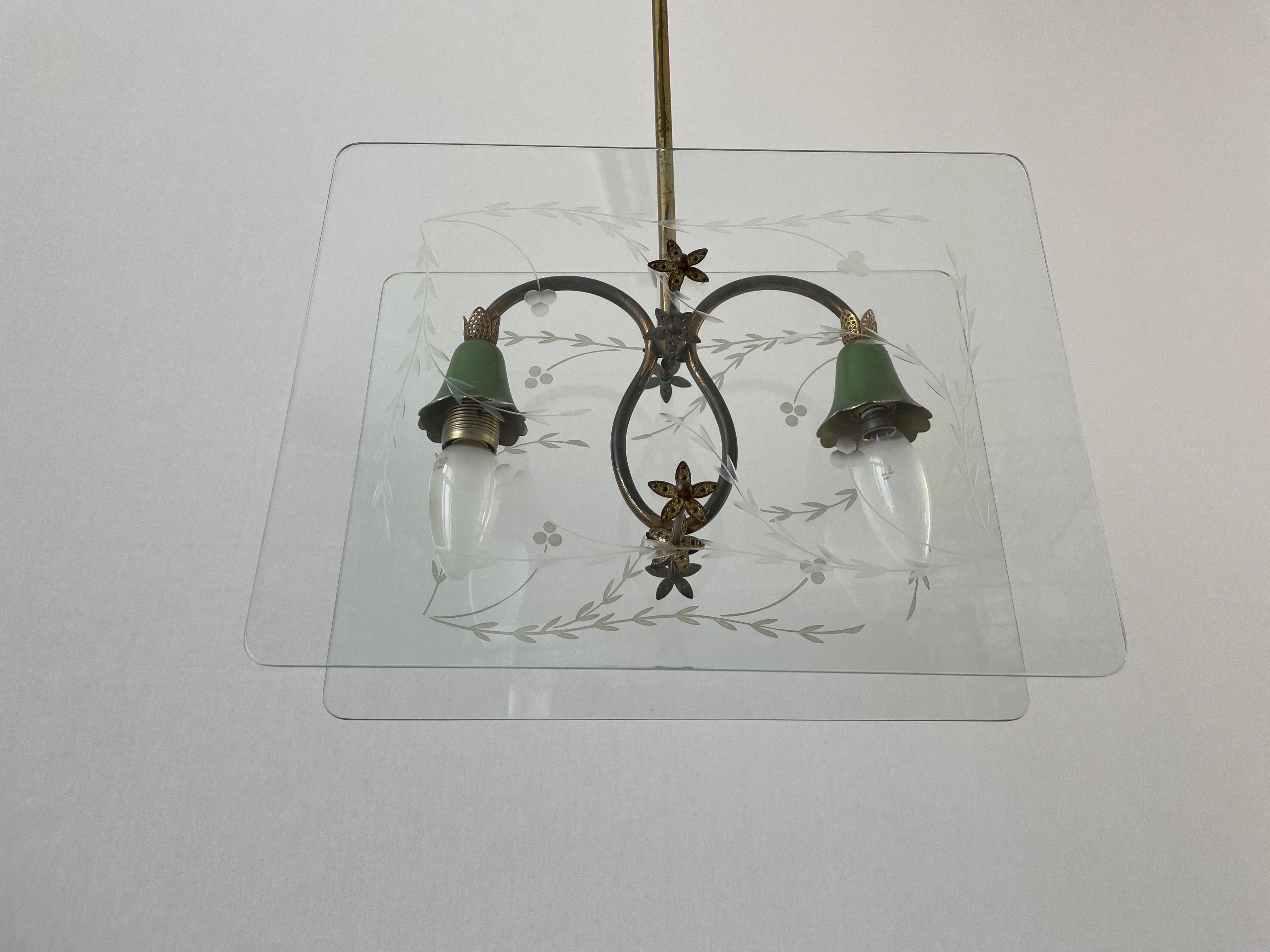 Mid-Century Modern Italian Design Double Side Flower Printed Glass Ceiling Lamp, 1950s, Italy For Sale