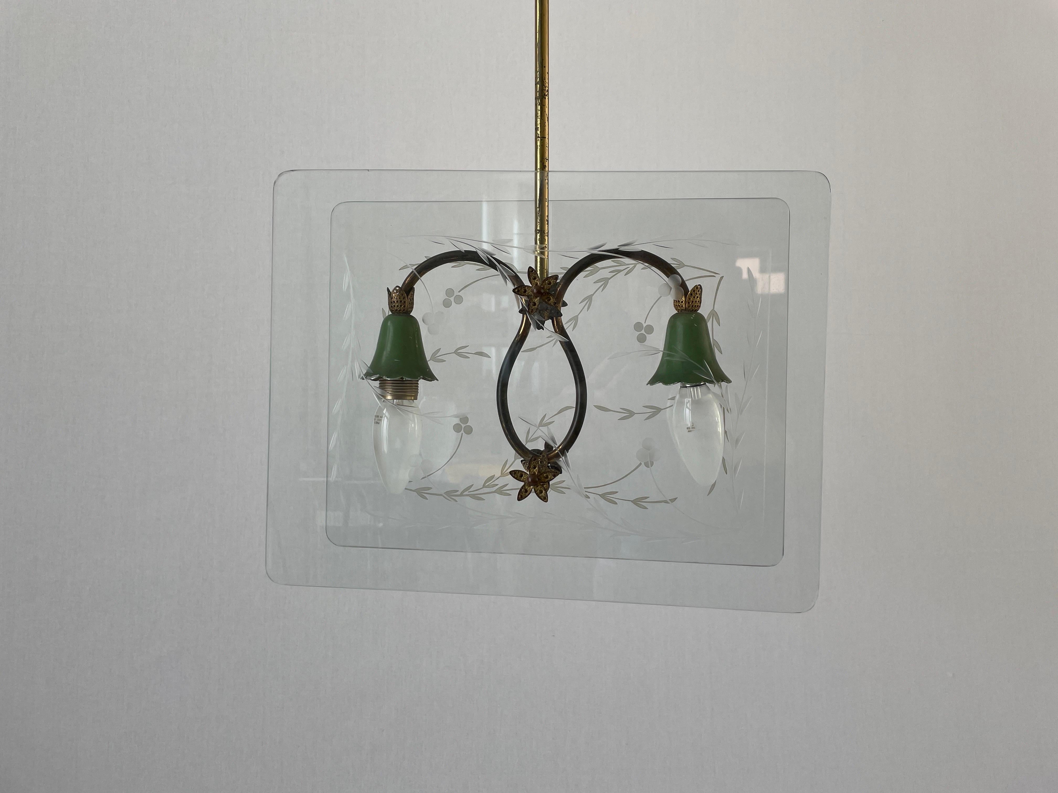 Italian Design Double Side Flower Printed Glass Ceiling Lamp, 1950s, Italy In Excellent Condition For Sale In Hagenbach, DE