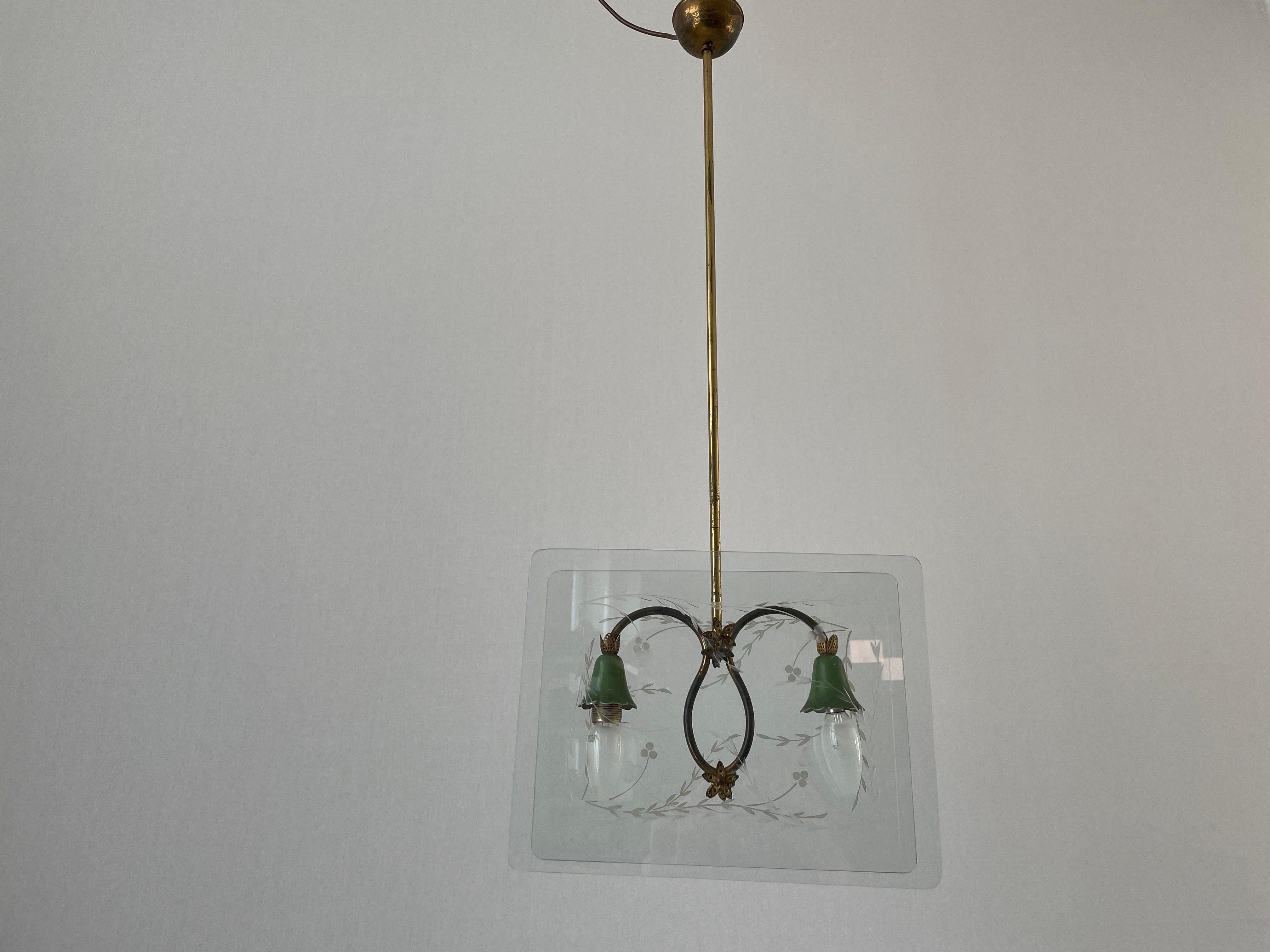 Mid-20th Century Italian Design Double Side Flower Printed Glass Ceiling Lamp, 1950s, Italy For Sale