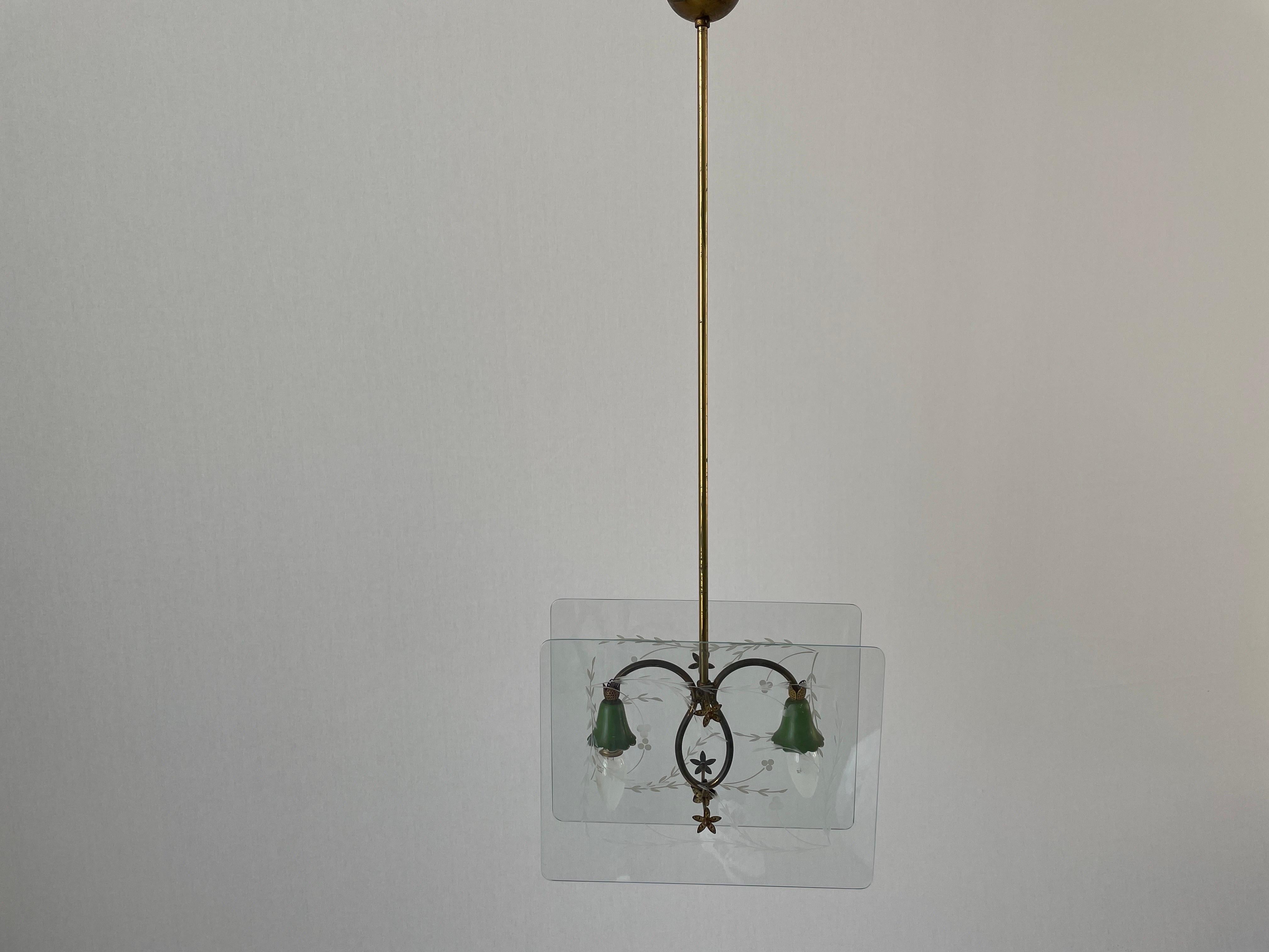 Metal Italian Design Double Side Flower Printed Glass Ceiling Lamp, 1950s, Italy For Sale
