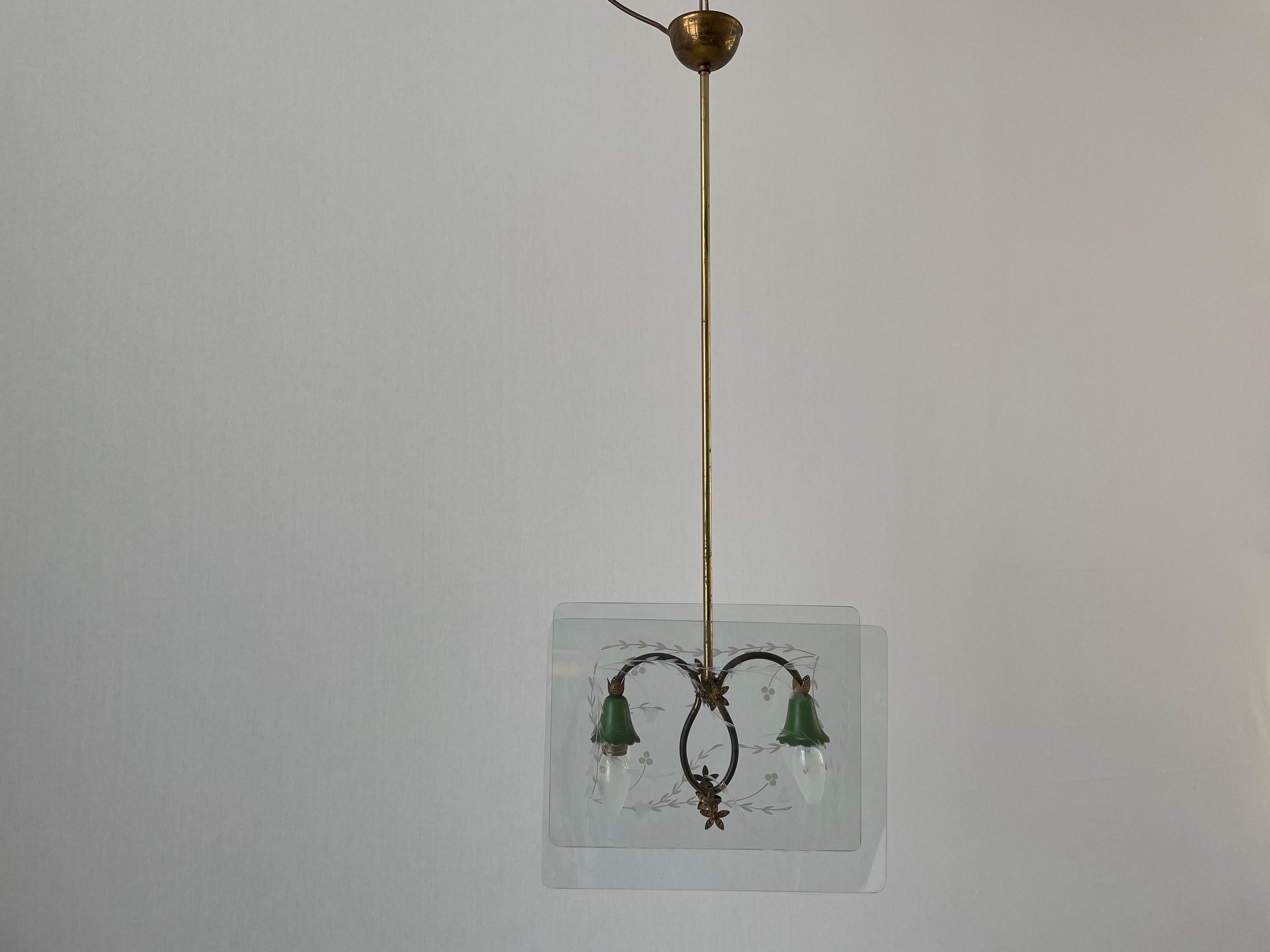 Italian Design Double Side Flower Printed Glass Ceiling Lamp, 1950s, Italy For Sale 1