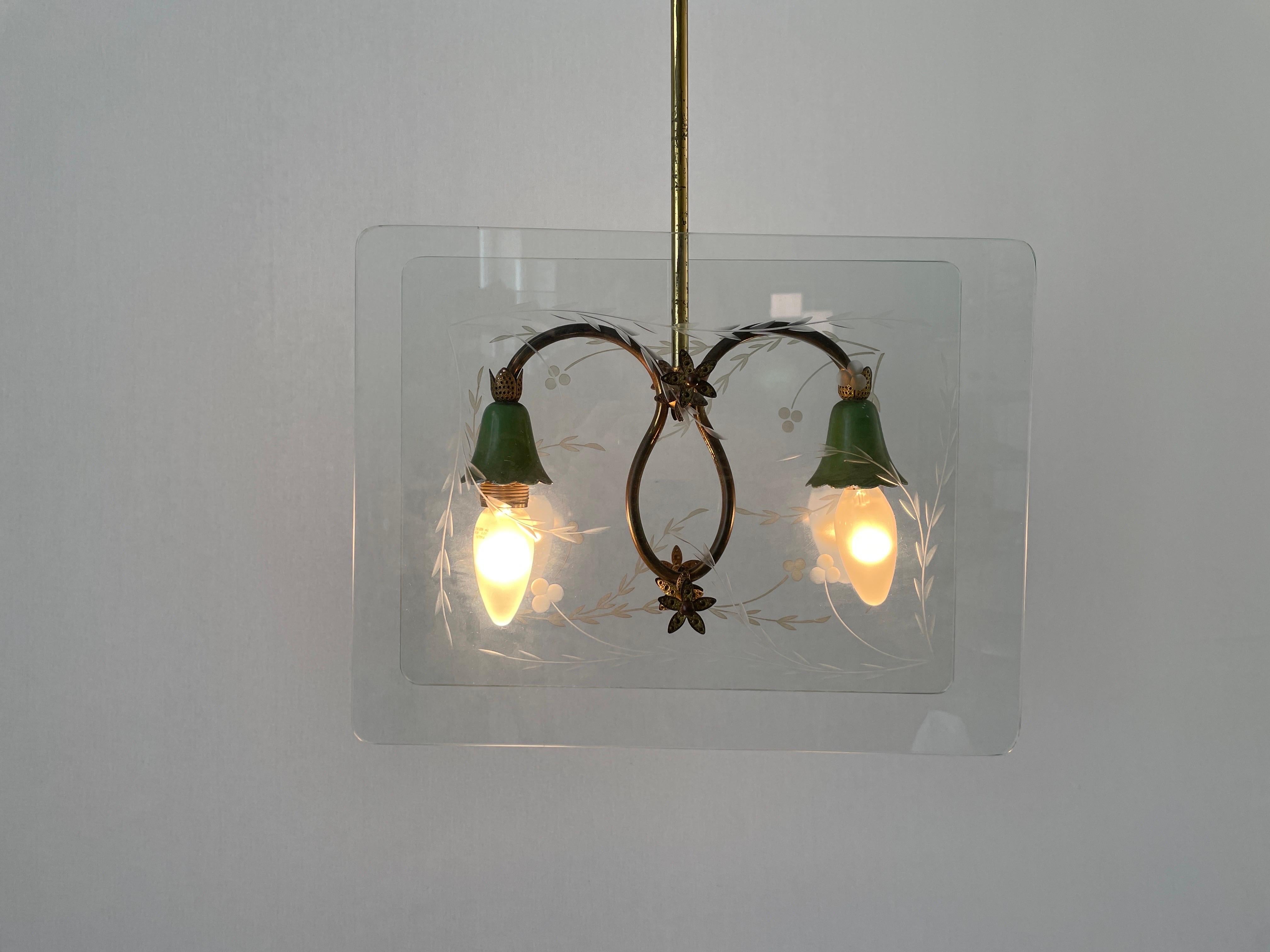 Italian Design Double Side Flower Printed Glass Ceiling Lamp, 1950s, Italy For Sale 2