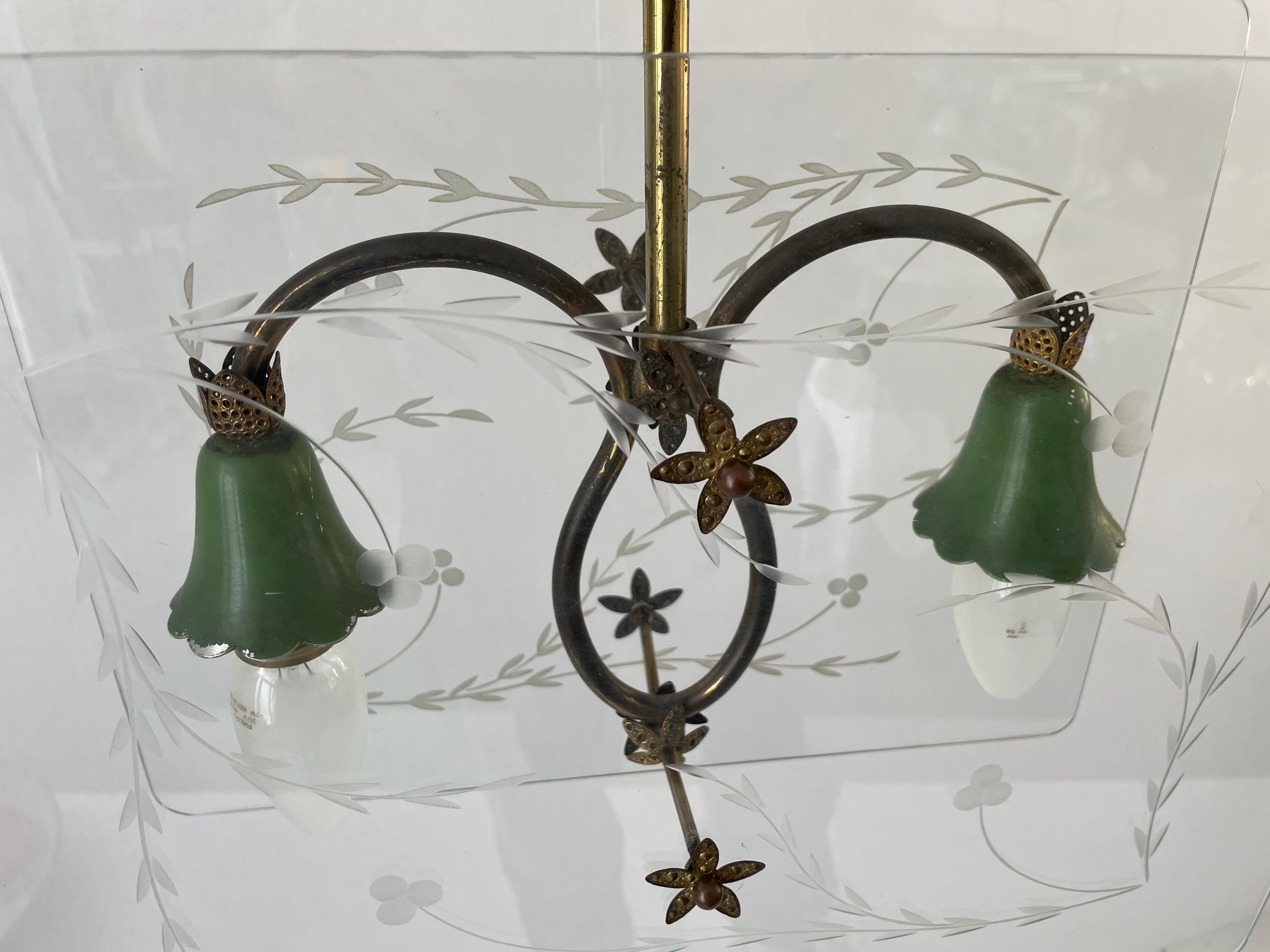 Italian Design Double Side Flower Printed Glass Ceiling Lamp, 1950s, Italy For Sale 3