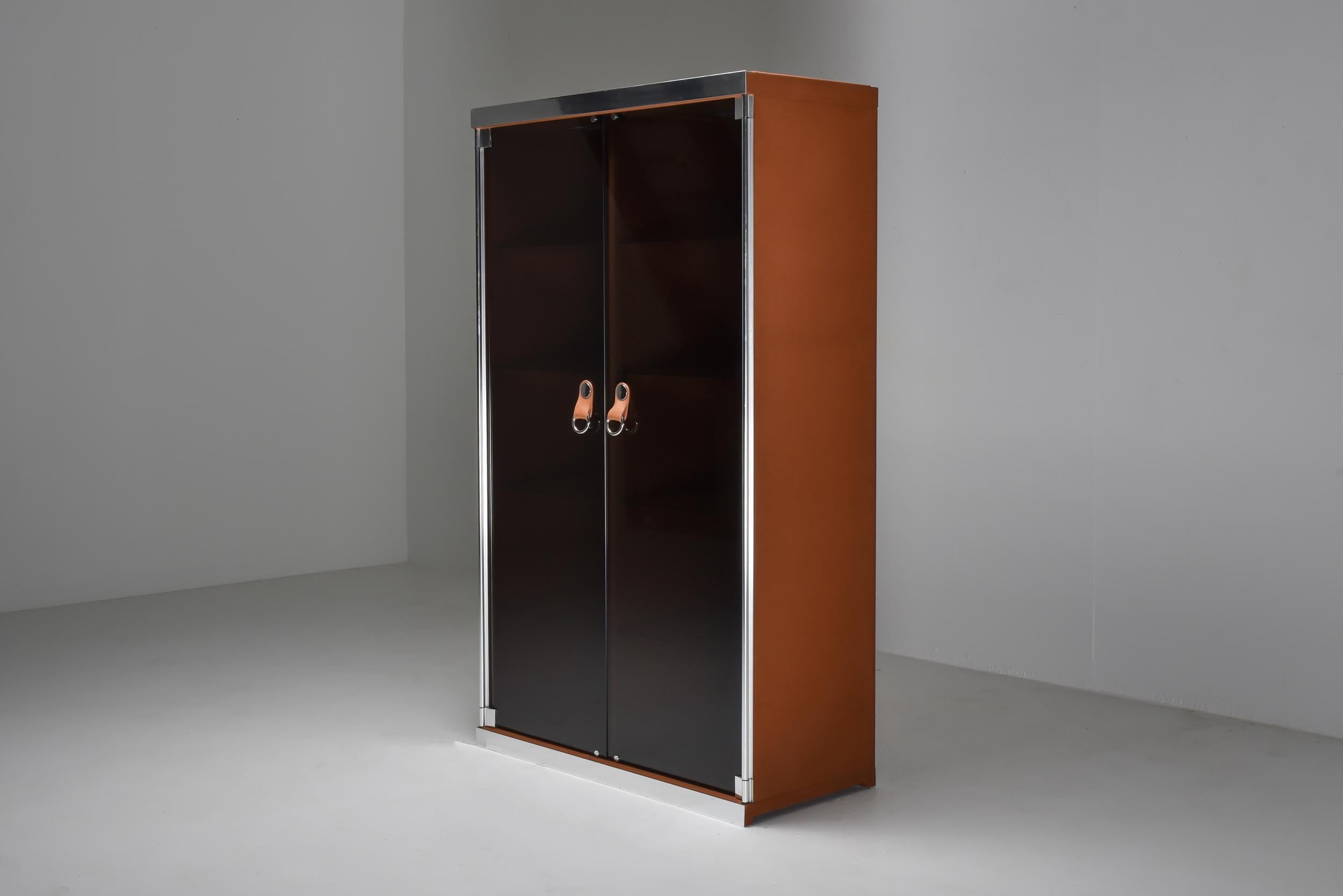 Italian Design Dresser in Cognac Leather, Chrome and Black Glass for Hermès 9