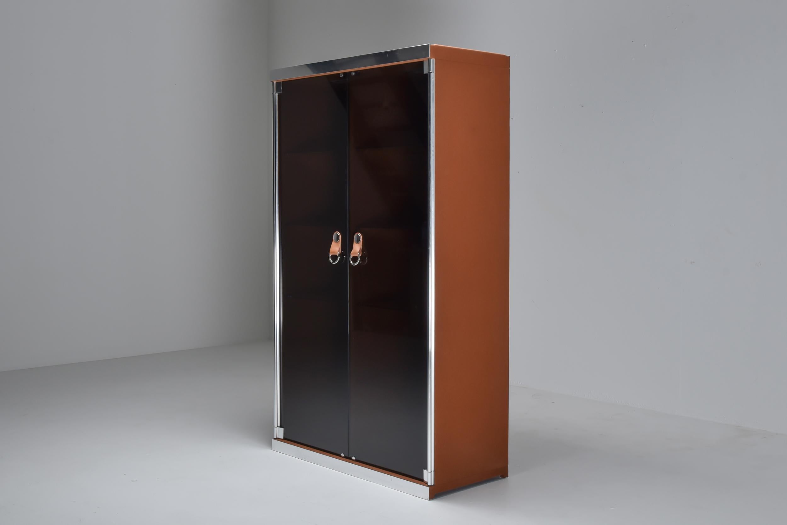 Italian Design Dresser in Cognac Leather, Chrome and Black Glass for Hermès 11