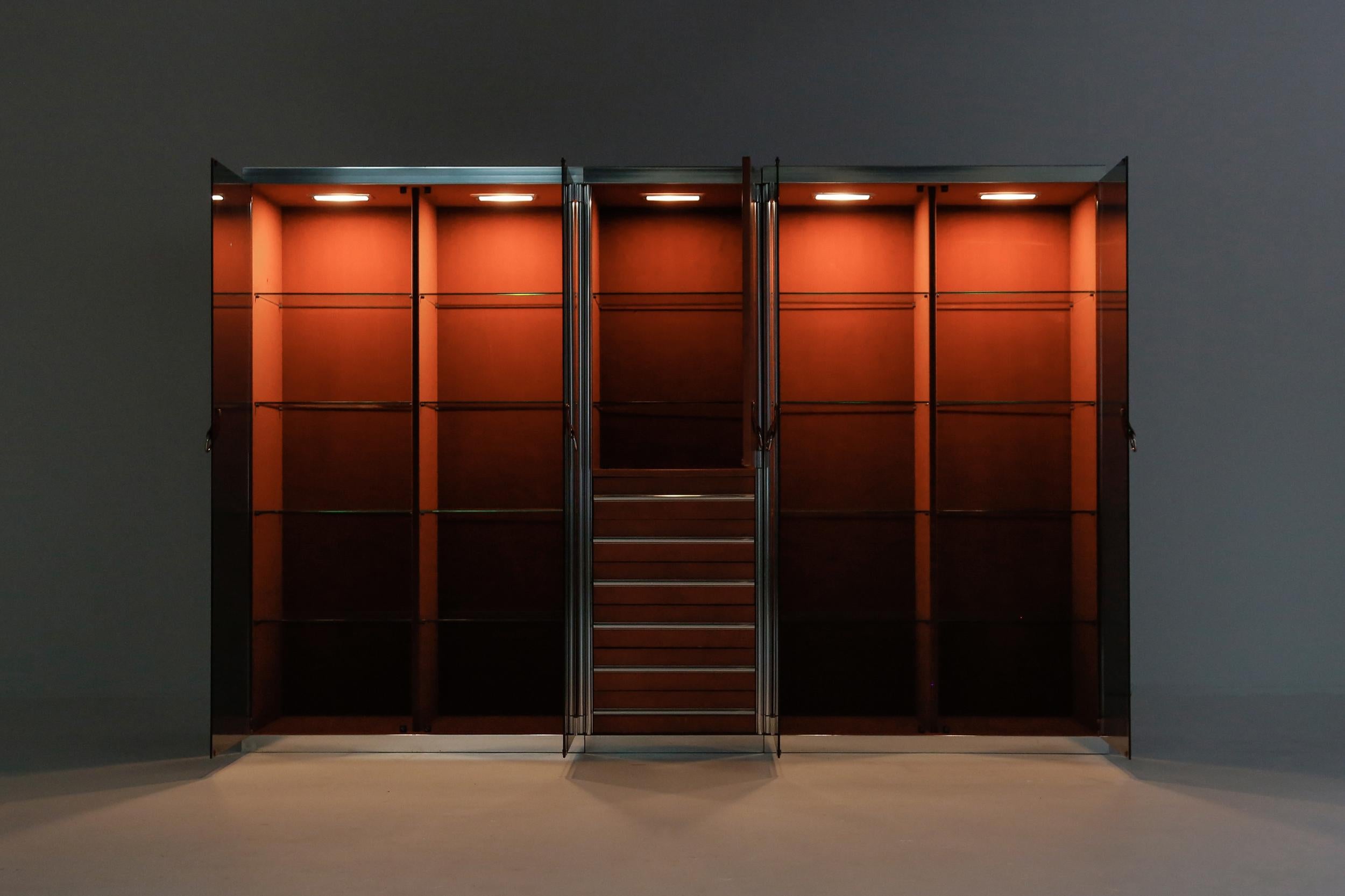 Post-Modern Italian Design Dresser in Cognac Leather, Chrome and Black Glass for Hermès