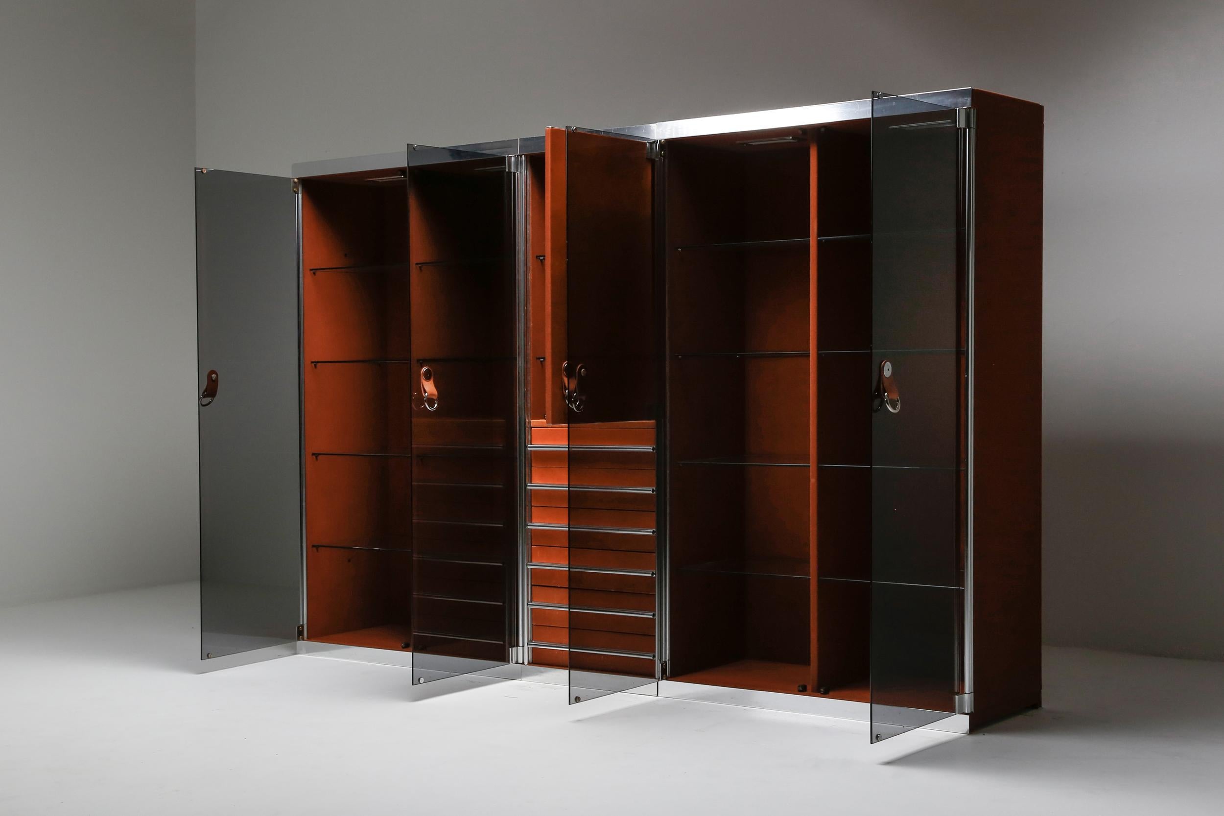 Late 20th Century Italian Design Dresser in Cognac Leather, Chrome and Black Glass for Hermès