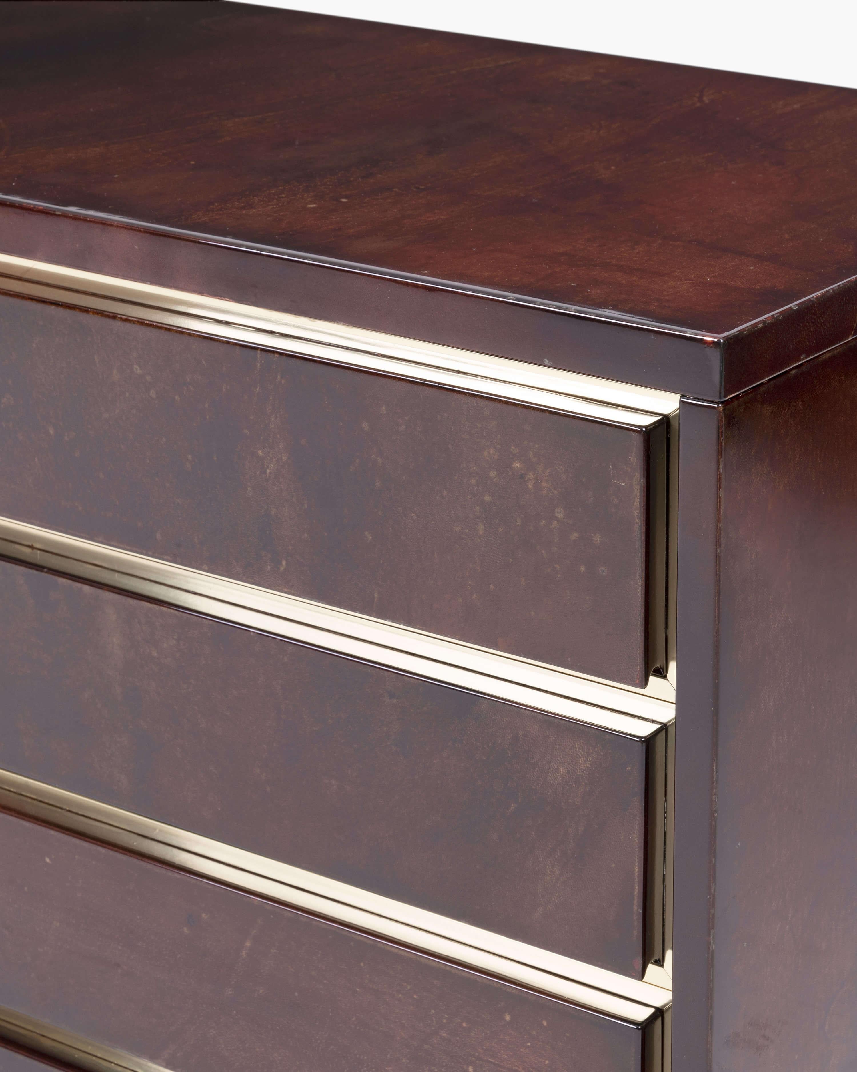 Lacquered Salpol Goatskin Parchment Dresser - Aldo Tura Style, Brass Detailing, Circa 1960 For Sale