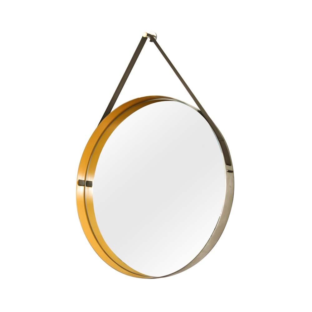 Italian Design Drum Mirror Brushed Steel Frame Yellow Enamel Rim Diego Mardegan In Good Condition For Sale In London, GB