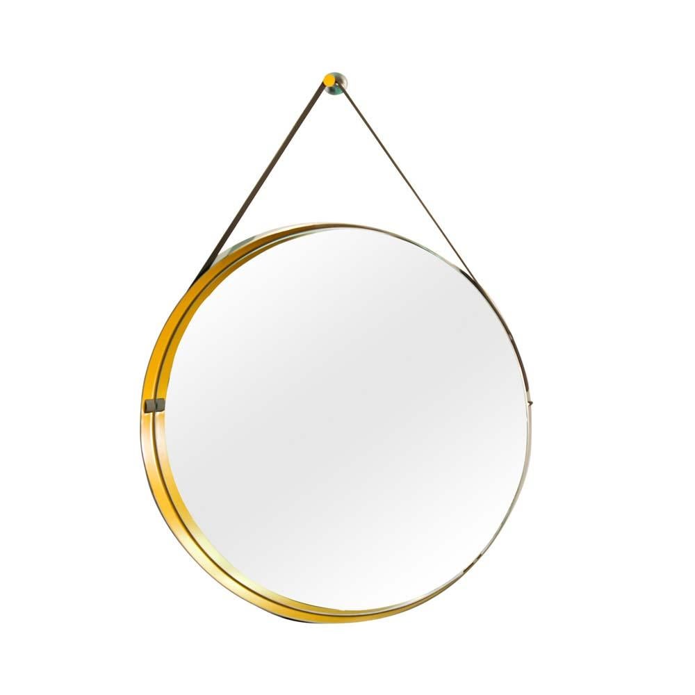 Contemporary Italian Design Drum Mirror Brushed Steel Frame Yellow Enamel Rim Diego Mardegan For Sale