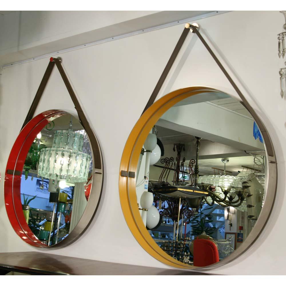 Italian Design Drum Mirror Brushed Steel Frame Yellow Enamel Rim Diego Mardegan For Sale 1