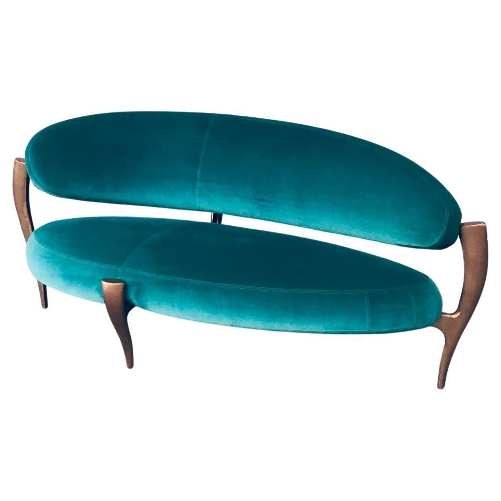 Italian Design Floating Free Form Curved Sofa w Sculptural Copper Base