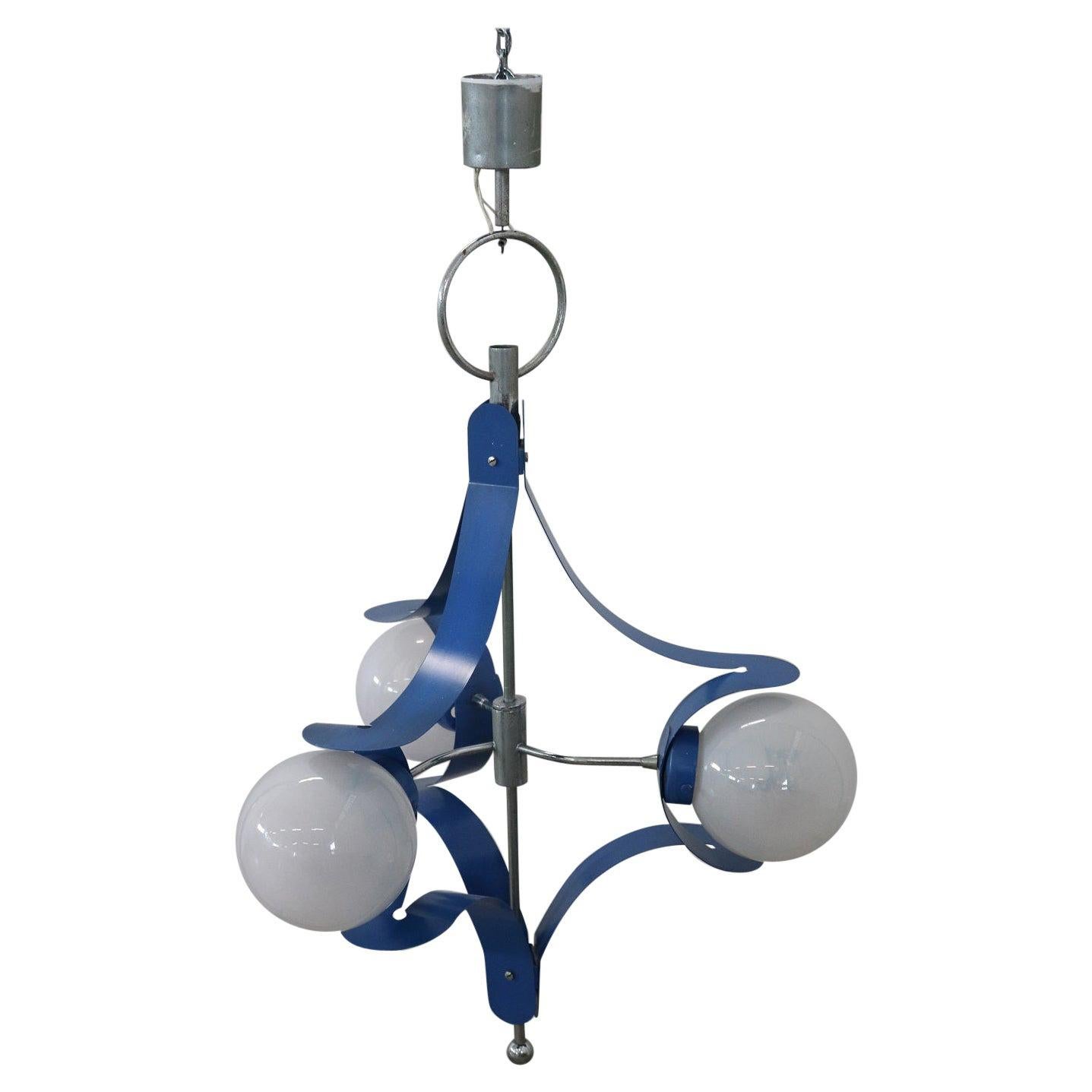 Italian Design Glass and Blue Lacquered Metal Stilnovo Style Chandelier, 1950s