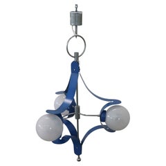 Italian Design Glass and Blue Lacquered Metal Stilnovo Style Chandelier, 1950s