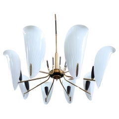 Italian Design Glass, Black Lacquered Metal and Brass Chandelier, 1950s
