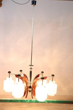 Italian Design Glass Bolws, Black Lacquered Metal and Brass Chandelier, 1950s